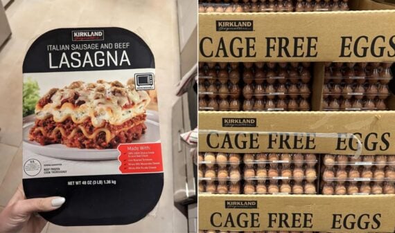 A hand holds a Kirkland Italian sausage and beef lasagna package on the left. On the right, stacks of Kirkland cage-free eggs in cardboard cartons are displayed&mdash;classic sights for a first time at Costco.
