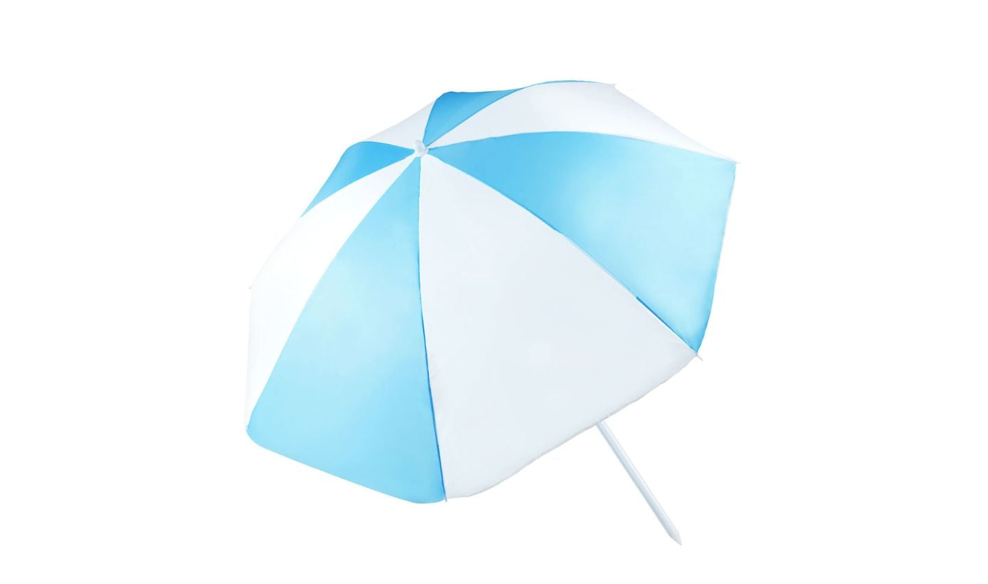 A blue and white striped beach umbrella, inspired by new Five Below products, is open and tilted to one side, set against a plain white background.