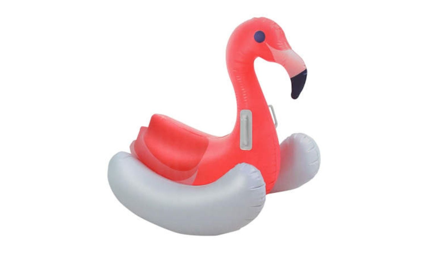 An inflatable pool float shaped like a pink flamingo with a seat in the middle and gray handles on the sides, inspired by new Five Below products, isolated on a white background.