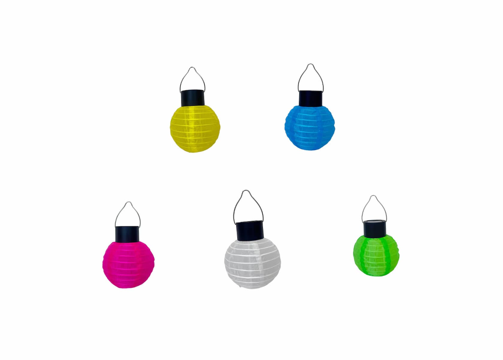 Five round paper lanterns in yellow, blue, pink, white, and green, each with a black top and a wire handle, arranged against a plain white background.
