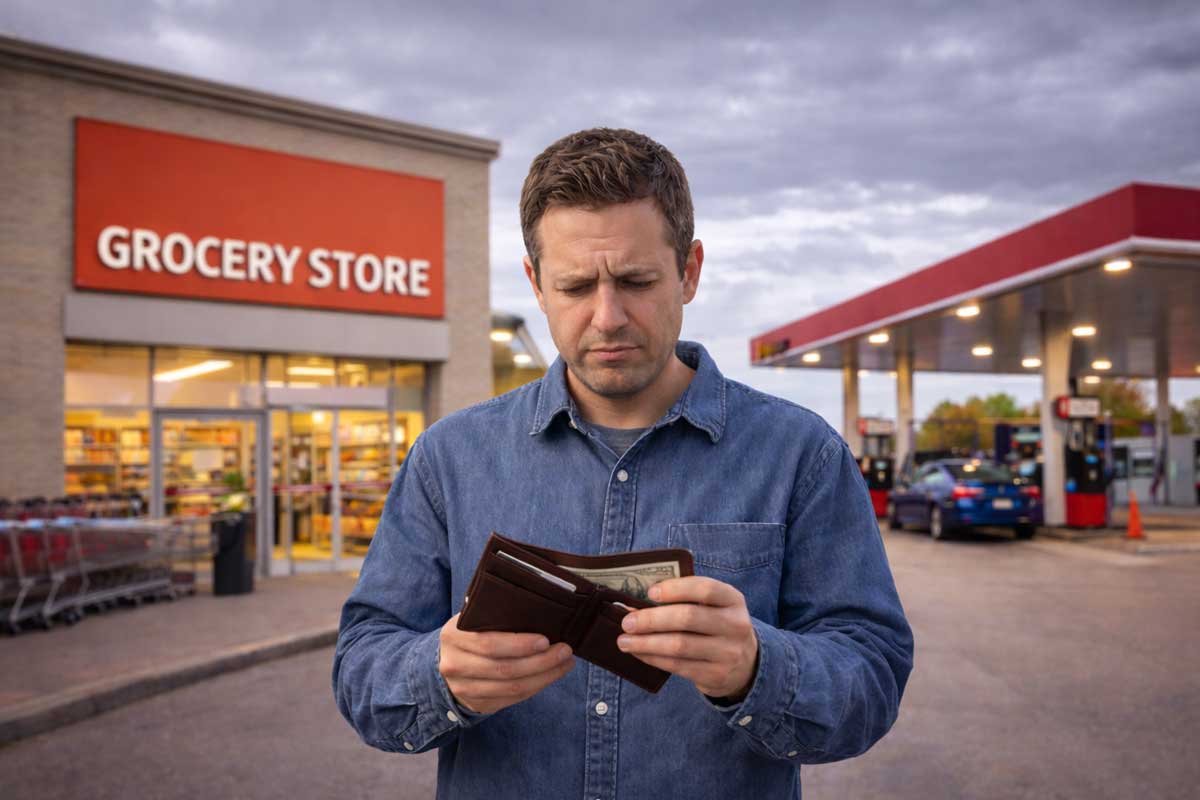 A man stands outside a grocery store and gas station, looking worriedly into his wallet while holding cash, concerned about his grocery spending, with shopping carts and fuel pumps visible in the background.