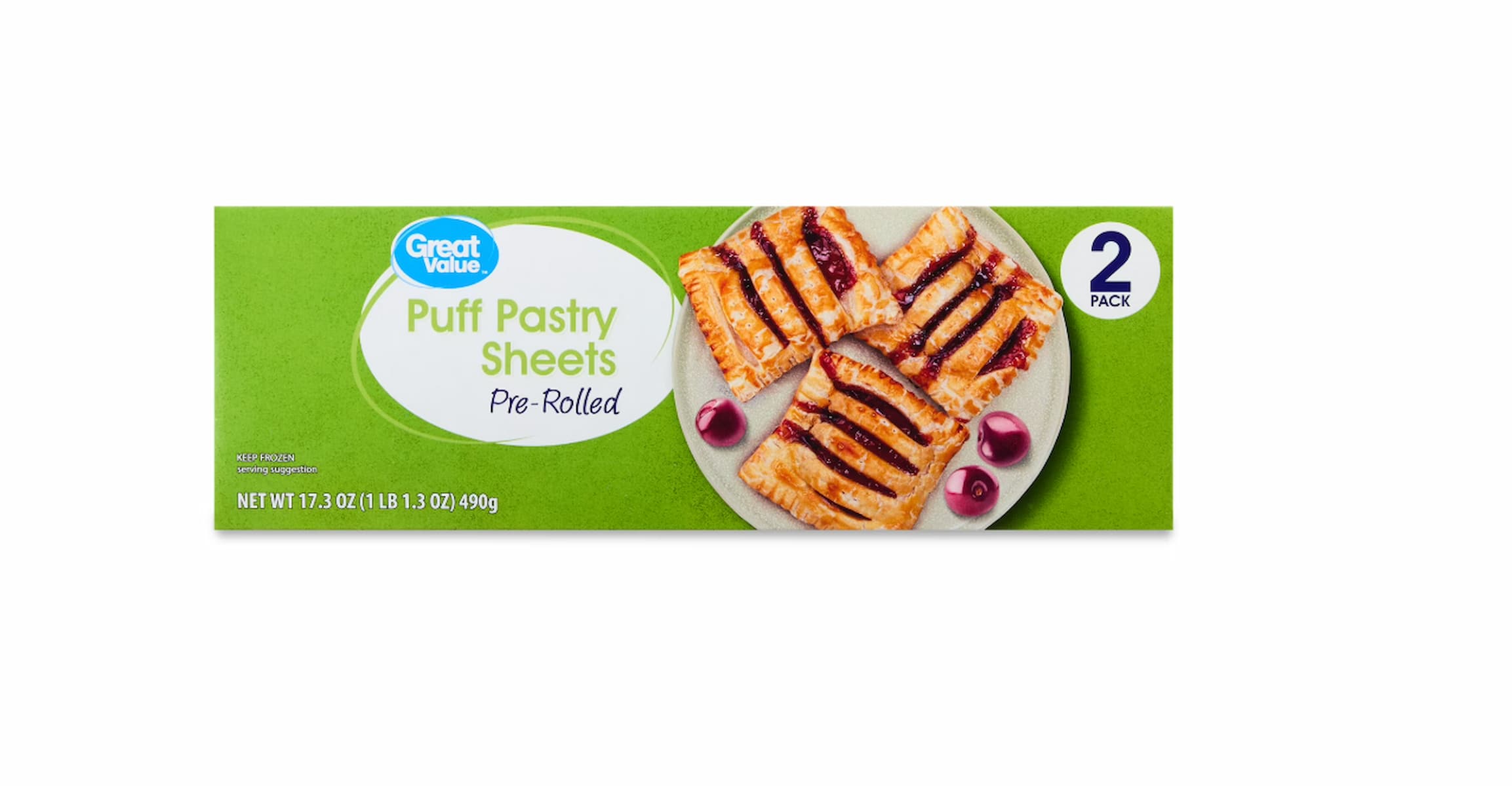A box of Great Value Puff Pastry Sheets Pre-Rolled, 2 pack, featuring an image of baked pastries with fruit filling on a plate and cherries, set against a green background.