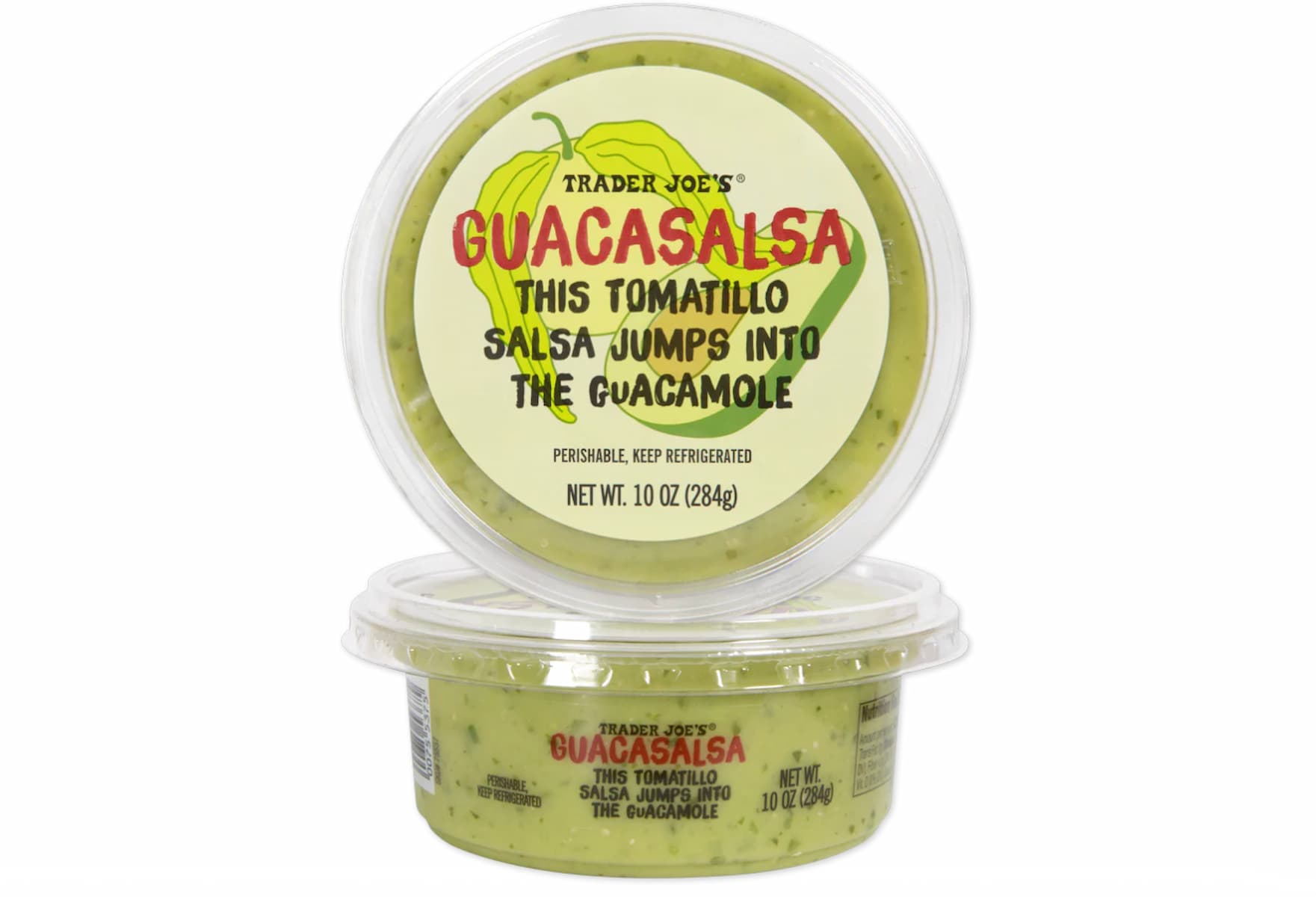 Trader Joe’s Guacasalsa container, labeled “This Tomatillo Salsa Jumps into the Guacamole,” with green salsa inside. The lid features images of two tomatillos and bold green and red text.