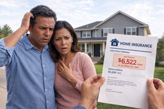 A worried couple stands outside their house, staring at a homeowners insurance rates renewal notice showing a steep premium increase from $3,550 to $6,522 per year, held by another person in the foreground.