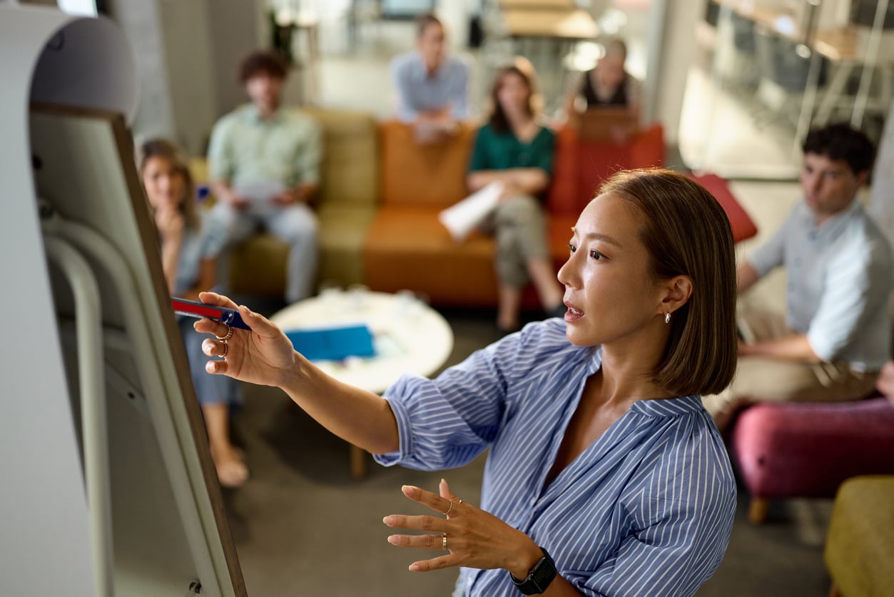 A woman stands at a flip chart, writing with a pen while explaining something to a small group of people seated on couches and chairs in a modern office setting.