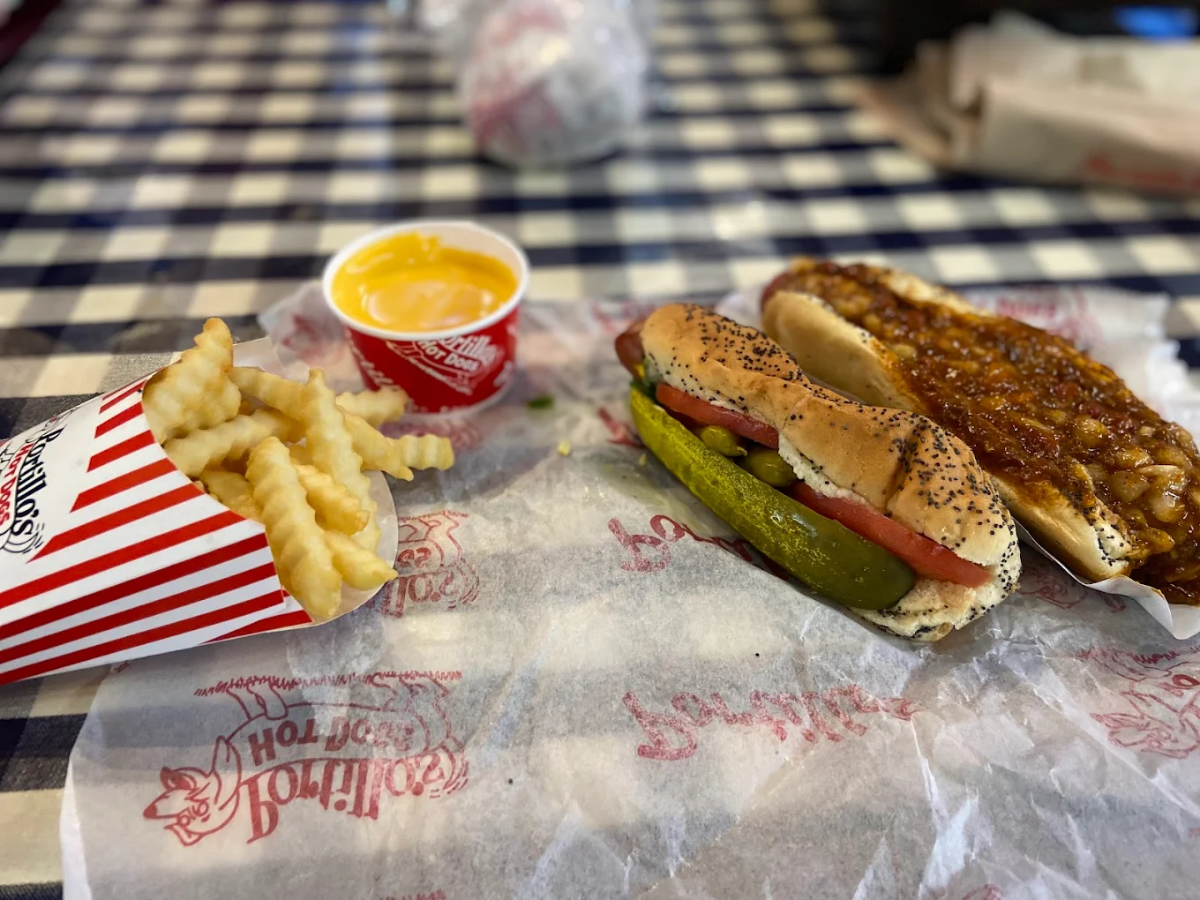 A meal on a checkered tablecloth with crinkle-cut fries in a striped container, a cup of cheese sauce, a Chicago-style hot dog with pickles and tomatoes, and a chili cheese dog on branded wax paper.