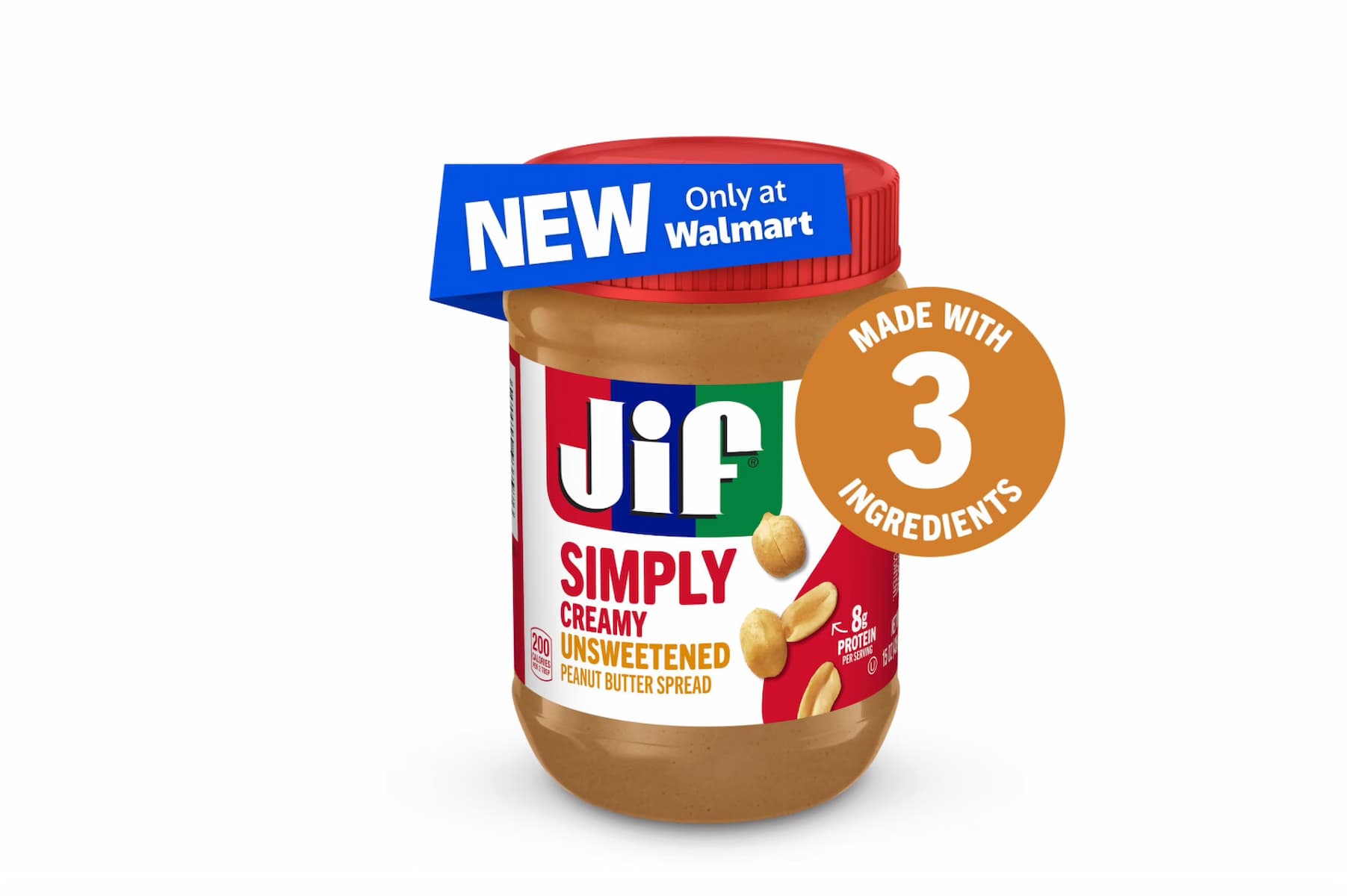 A jar of Jif Simply Creamy Unsweetened Peanut Butter is shown with a red lid, labeled "3 ingredients." Blue banner says "NEW Only at Walmart." The jar features peanuts and a spoonful of peanut butter on the label.