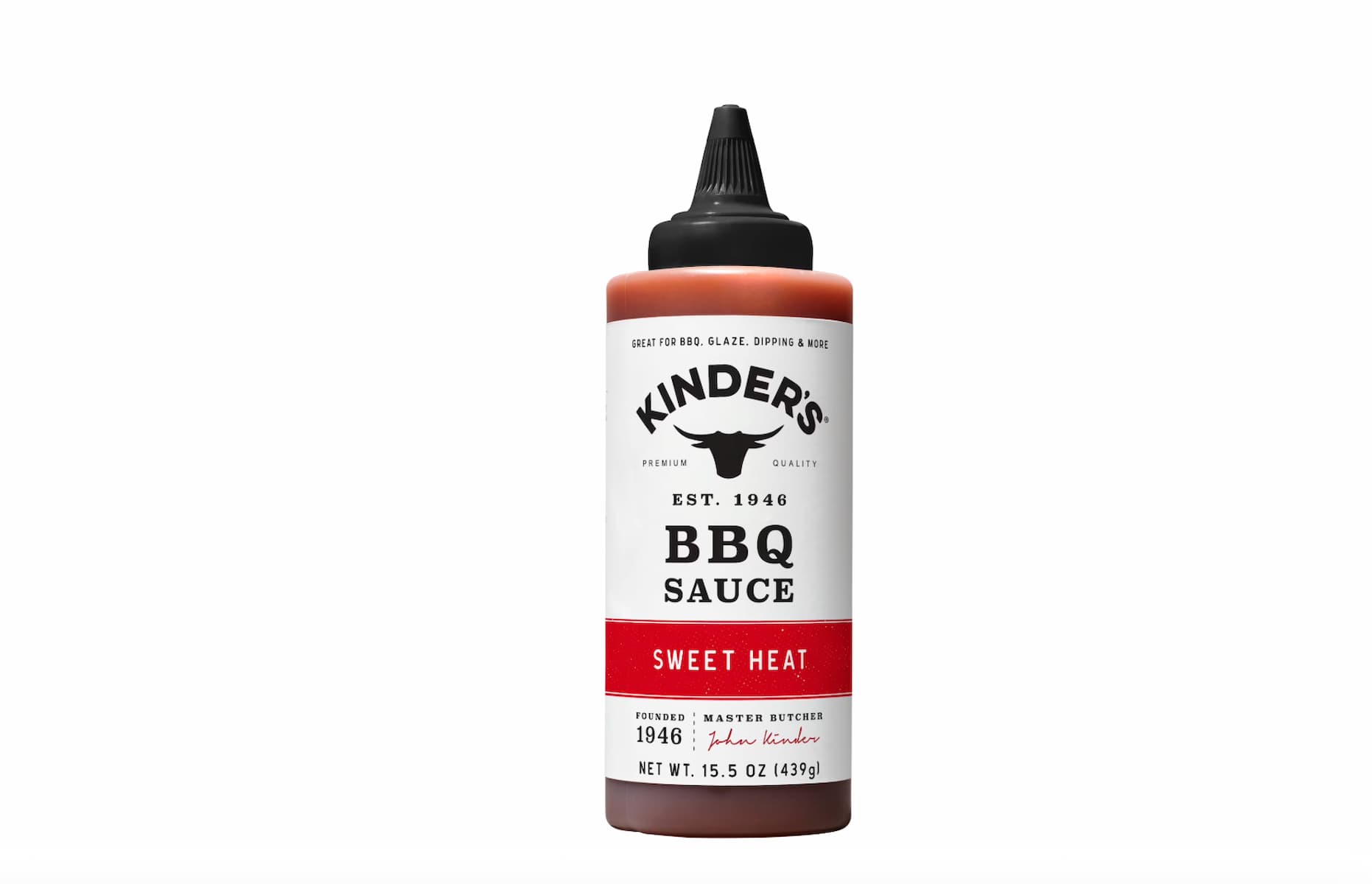 A bottle of Kinder's BBQ Sauce labeled "Sweet Heat," with a black twist cap and white label featuring black and red text, standing upright on a white background.