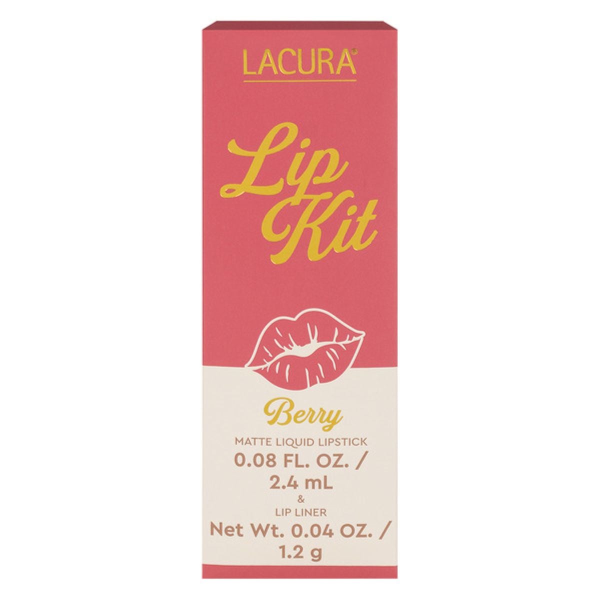 A rectangular pink and beige box labeled "Lacura Lip Kit" in yellow and white text, featuring a graphic of lips and details about the matte liquid lipstick and lip liner in "Berry" shade.