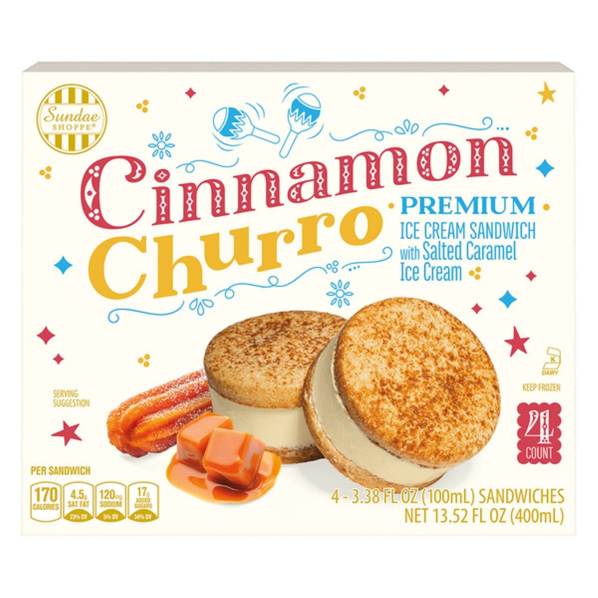 Box of Sundae Shoppe Cinnamon Churro Premium Ice Cream Sandwiches, featuring salted caramel ice cream between cinnamon churro cookies. The box shows two sandwiches, caramel sauce, and a churro.