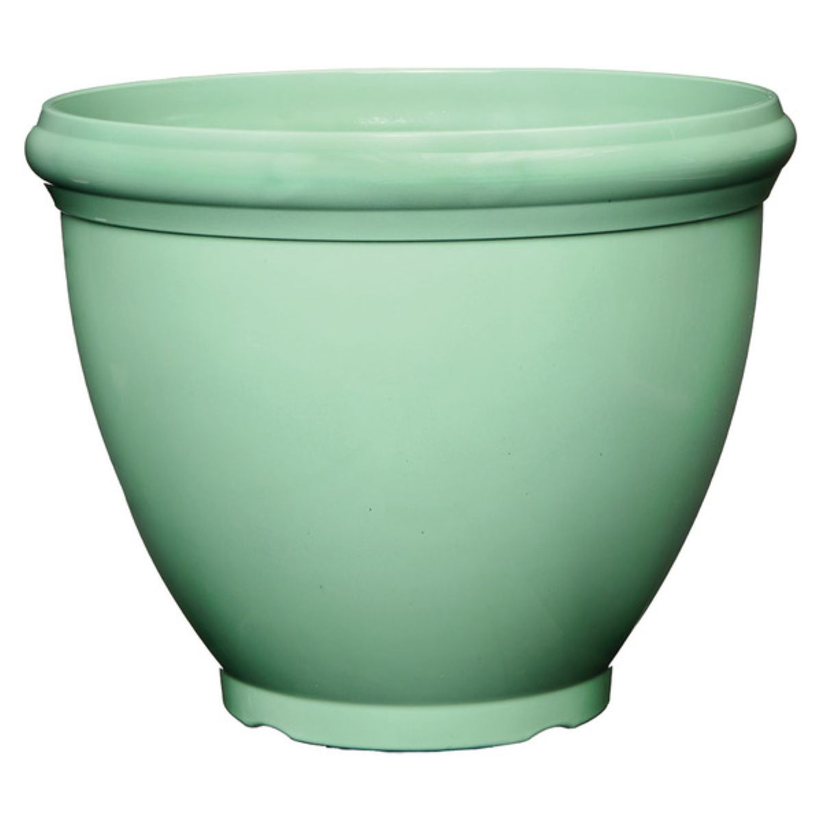 A plain, mint green flower pot made of smooth plastic, with a rounded shape and a slightly flared rim, displayed against a white background.