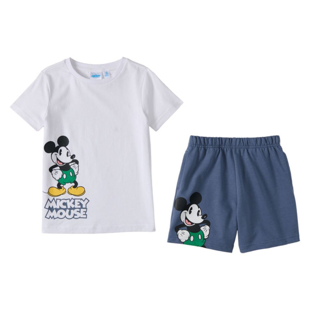 White short-sleeve t-shirt and blue shorts set for children, both featuring images of Mickey Mouse. The shirt has "Mickey Mouse" text and a standing Mickey, while the shorts show Mickey's face and upper body.