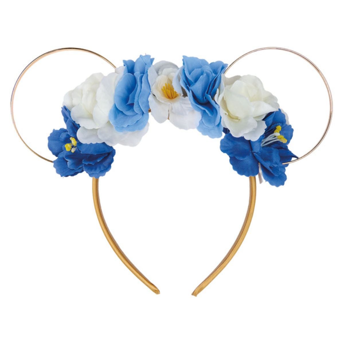 A headband with gold wire mouse ears, decorated with artificial blue and white flowers arranged along the top.