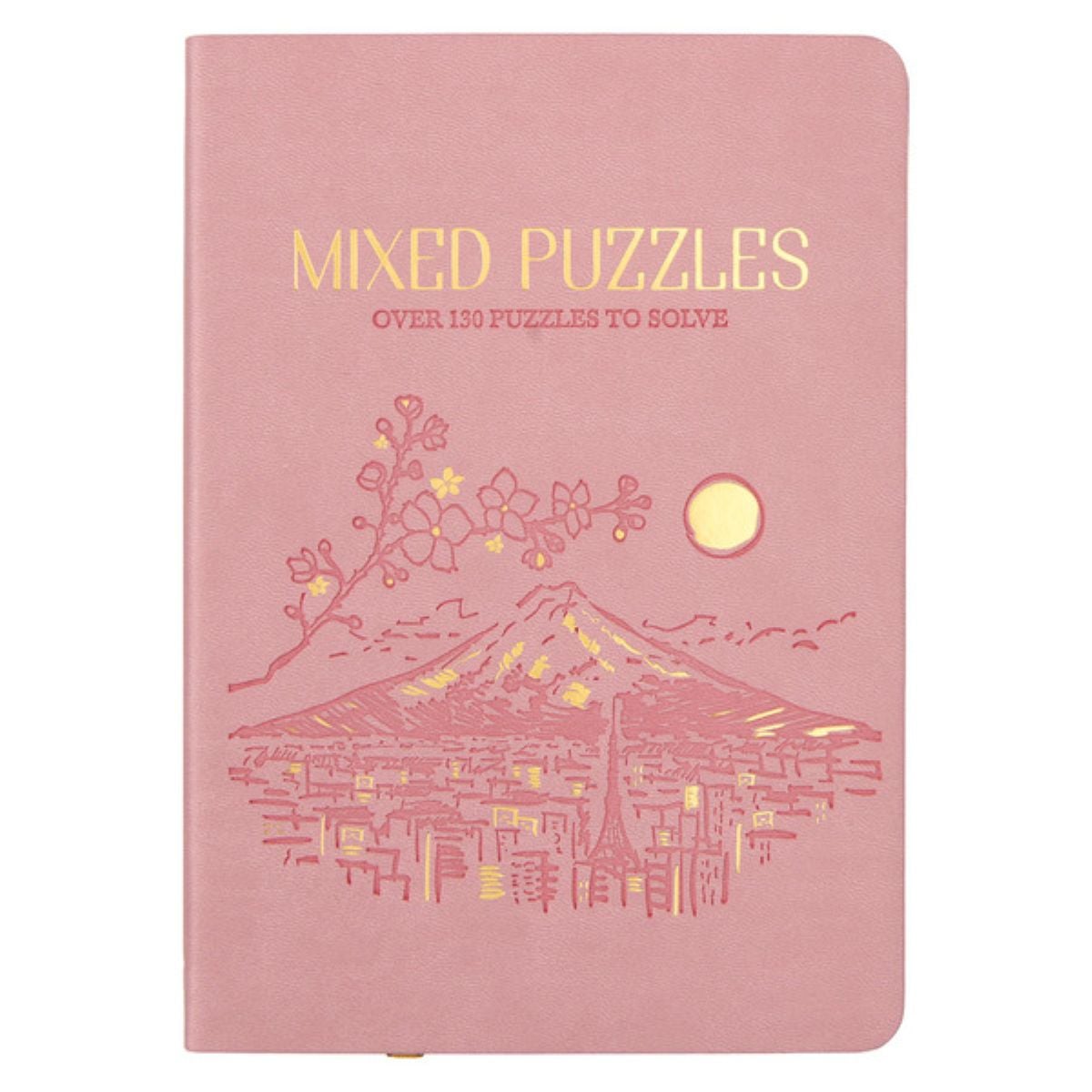A pink book cover titled "Mixed Puzzles: Over 130 Puzzles to Solve" with an illustration of cherry blossoms, a cityscape, and a mountain with the sun in the background, all in gold and pink tones.