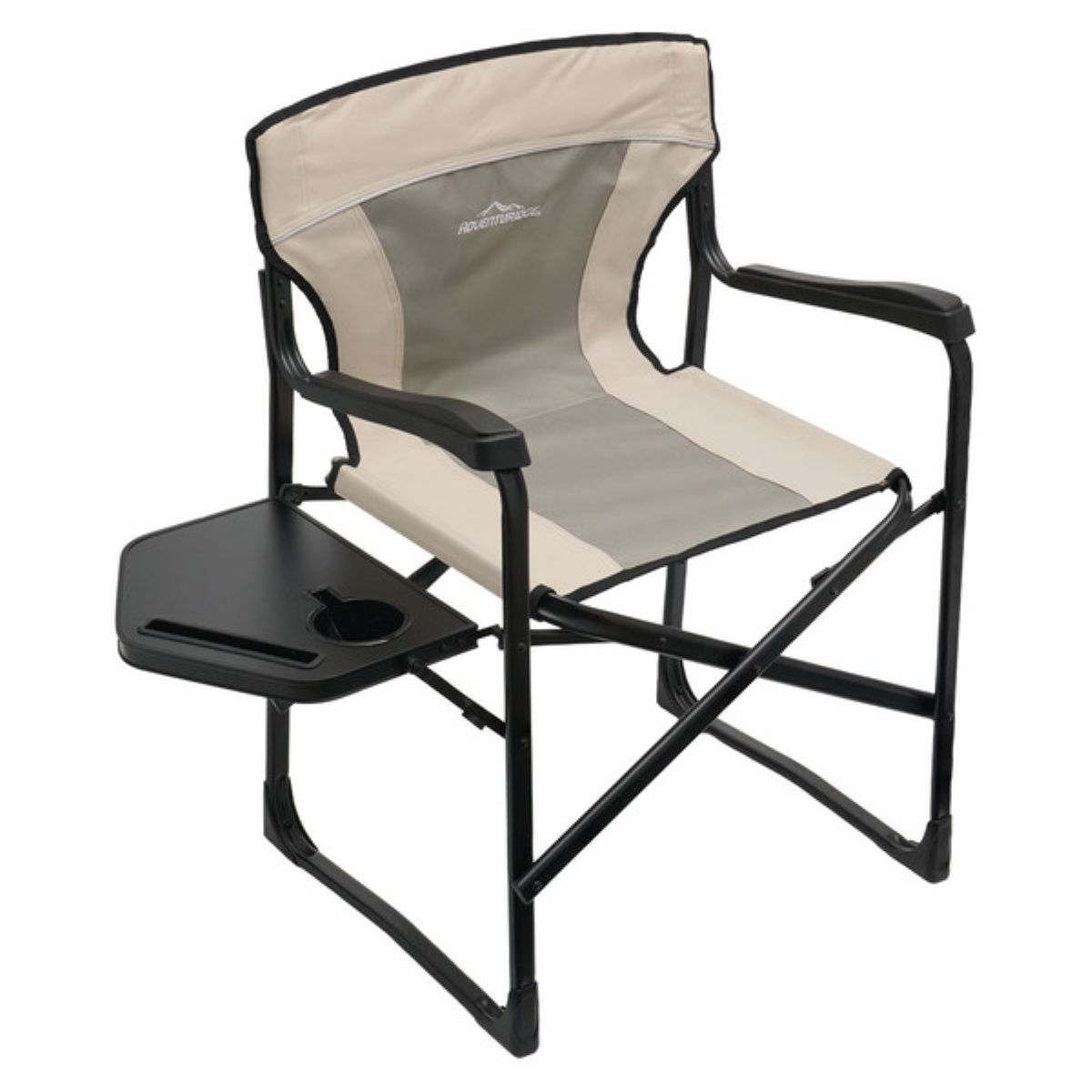 A foldable camping chair with black metal frame, beige and gray fabric seat and backrest, and an attached black side table featuring a cup holder.
