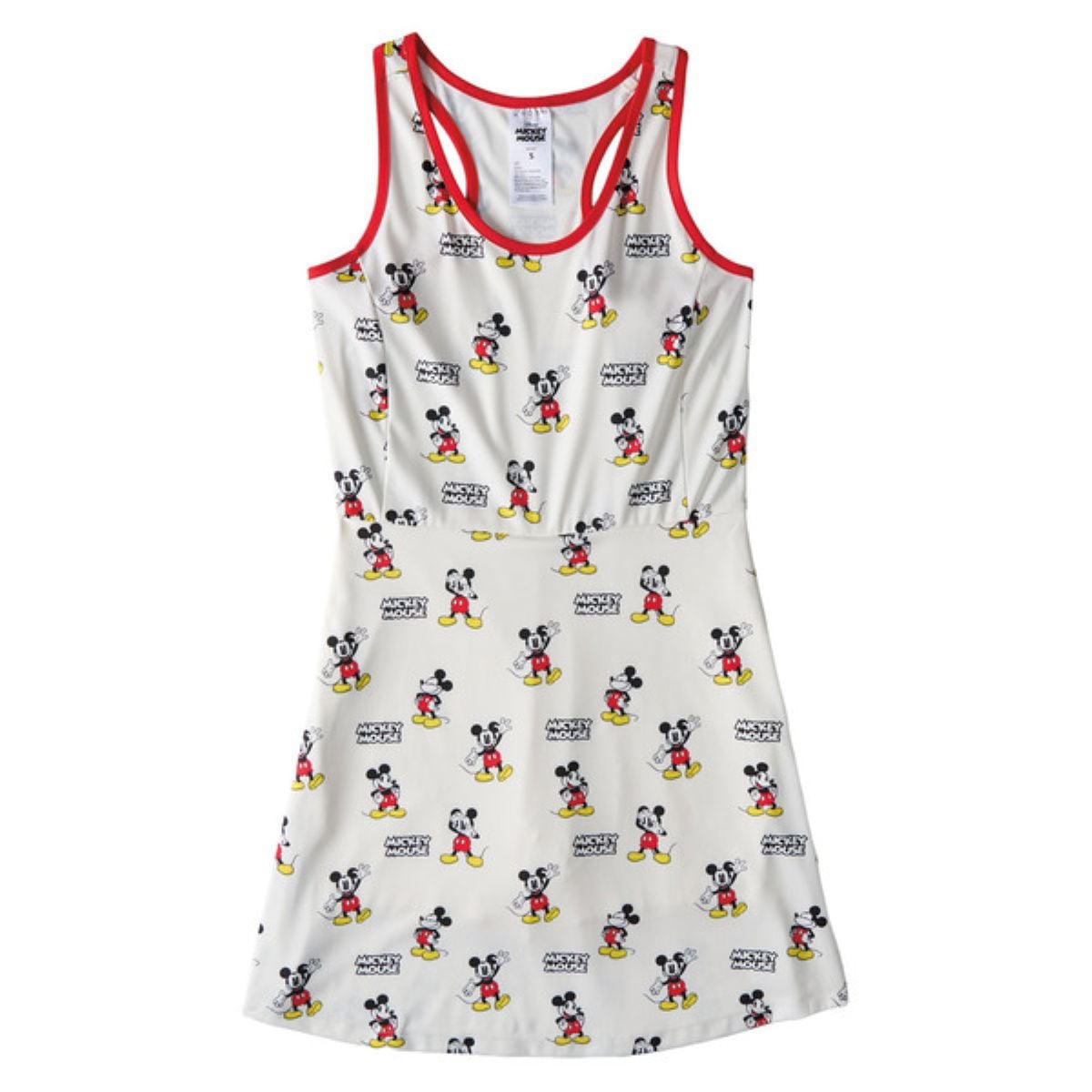 Sleeveless white dress featuring an all-over print of classic Mickey Mouse illustrations in various poses, with red trim around the neckline and armholes.