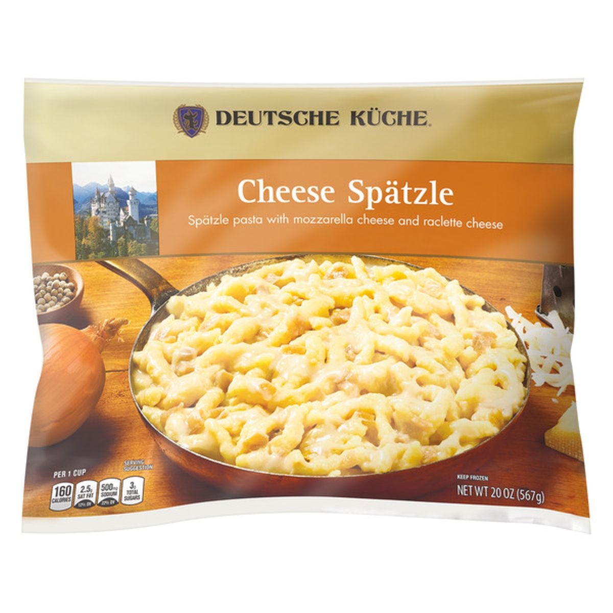 A package of Deutsche Küche Cheese Spätzle, showing a skillet of cheesy pasta. The label reads "Spätzle pasta with mozzarella cheese and raclette cheese," with images of ingredients and a scenic landscape in the background.