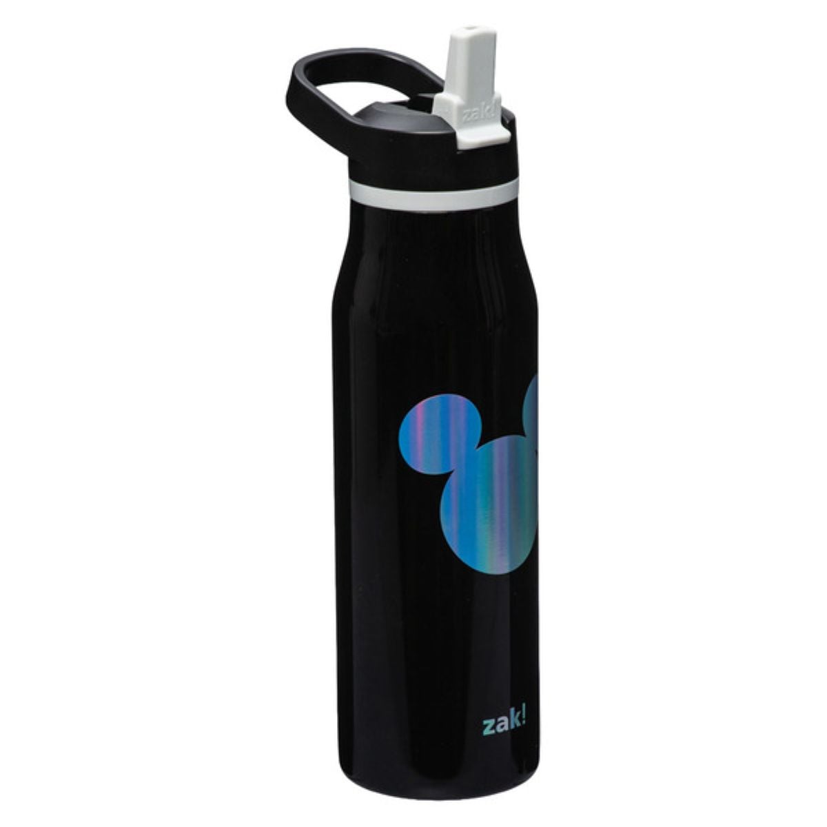 A black water bottle with a blue holographic Mickey Mouse head design, a white flip-up straw, and a black carrying handle. The word "zak!" is printed near the base.