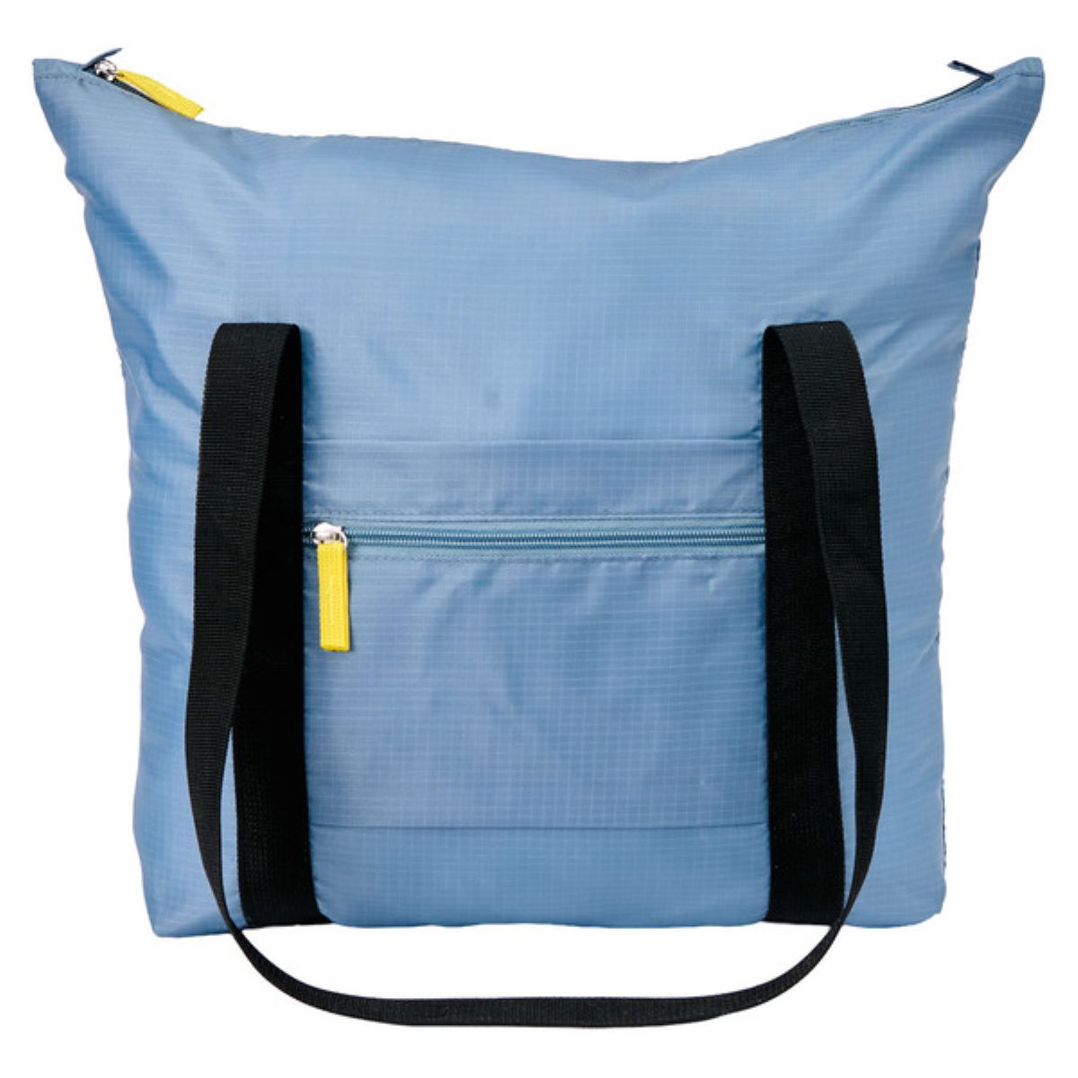 Light blue square-shaped bag with black shoulder straps, a front zipper pocket with a yellow zipper pull, and a top zipper with a yellow zipper pull.