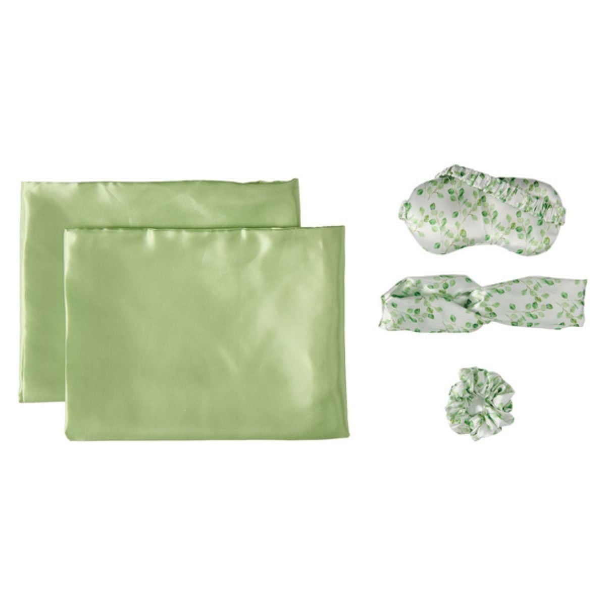 A set including two light green satin pillowcases, a white sleep mask with a green leaf pattern, a matching headband, and a matching scrunchie displayed on a white background.