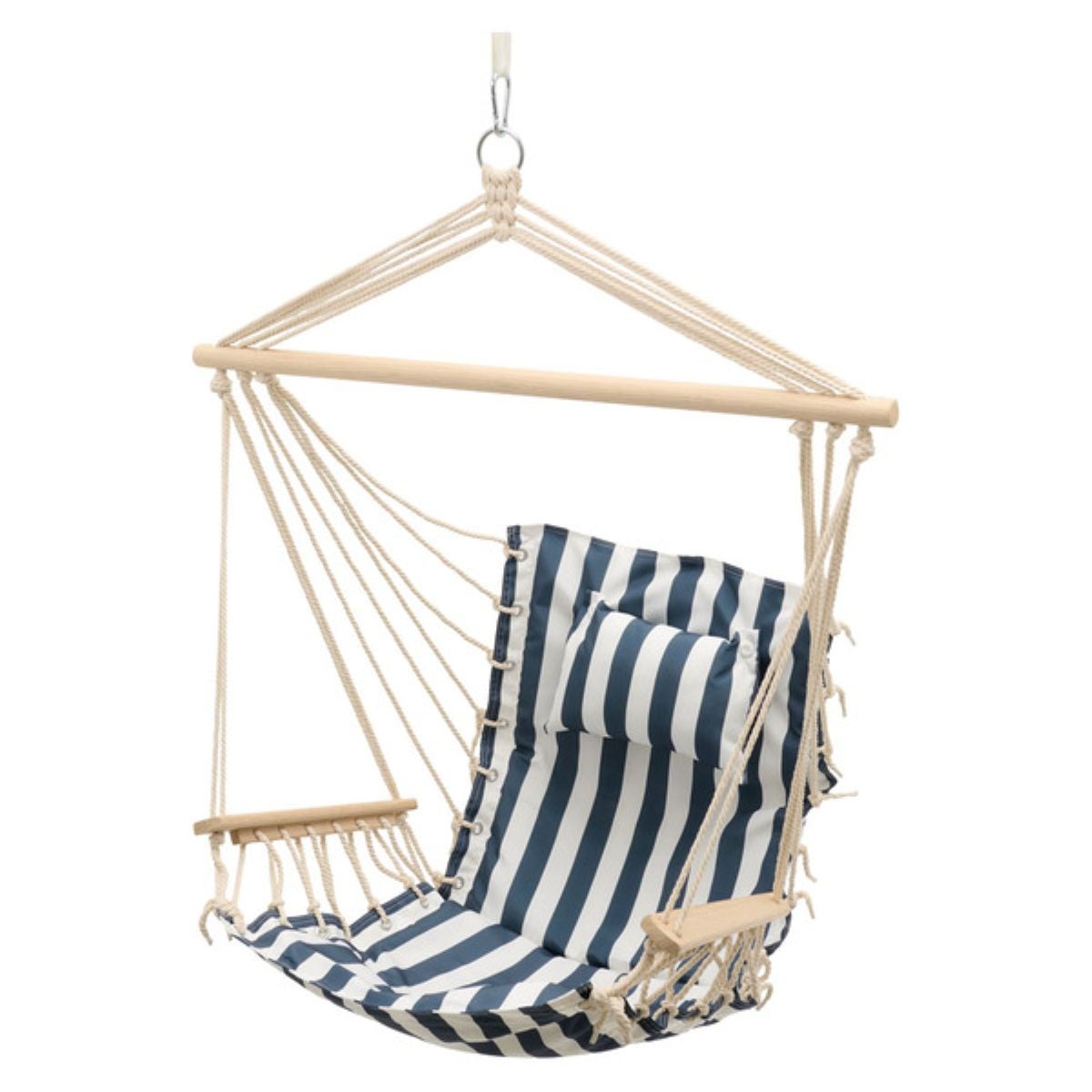 A hanging chair hammock with blue and white vertical stripes, suspended by ropes from a wooden bar, featuring armrests and a headrest.