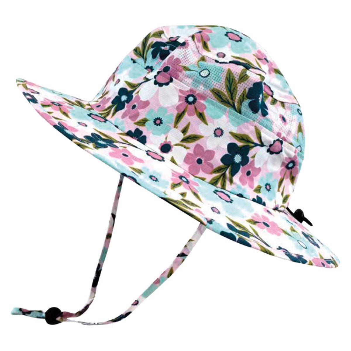 A wide-brimmed hat with a chin strap, featuring a colorful floral pattern with pink, blue, and green flowers on a white background.