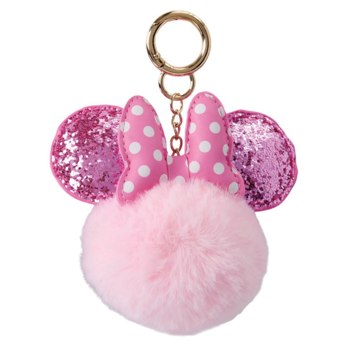 A keychain featuring a fluffy pink pom-pom with pink polka-dotted Minnie Mouse ears and shiny pink sequin details, attached to a gold keyring.
