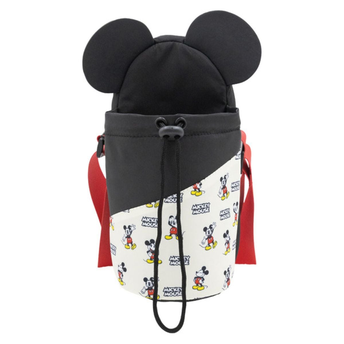 A water bottle holder with red strap, featuring black Mickey Mouse ears on top and a white section with multiple Mickey Mouse illustrations and "Mickey Mouse" text.