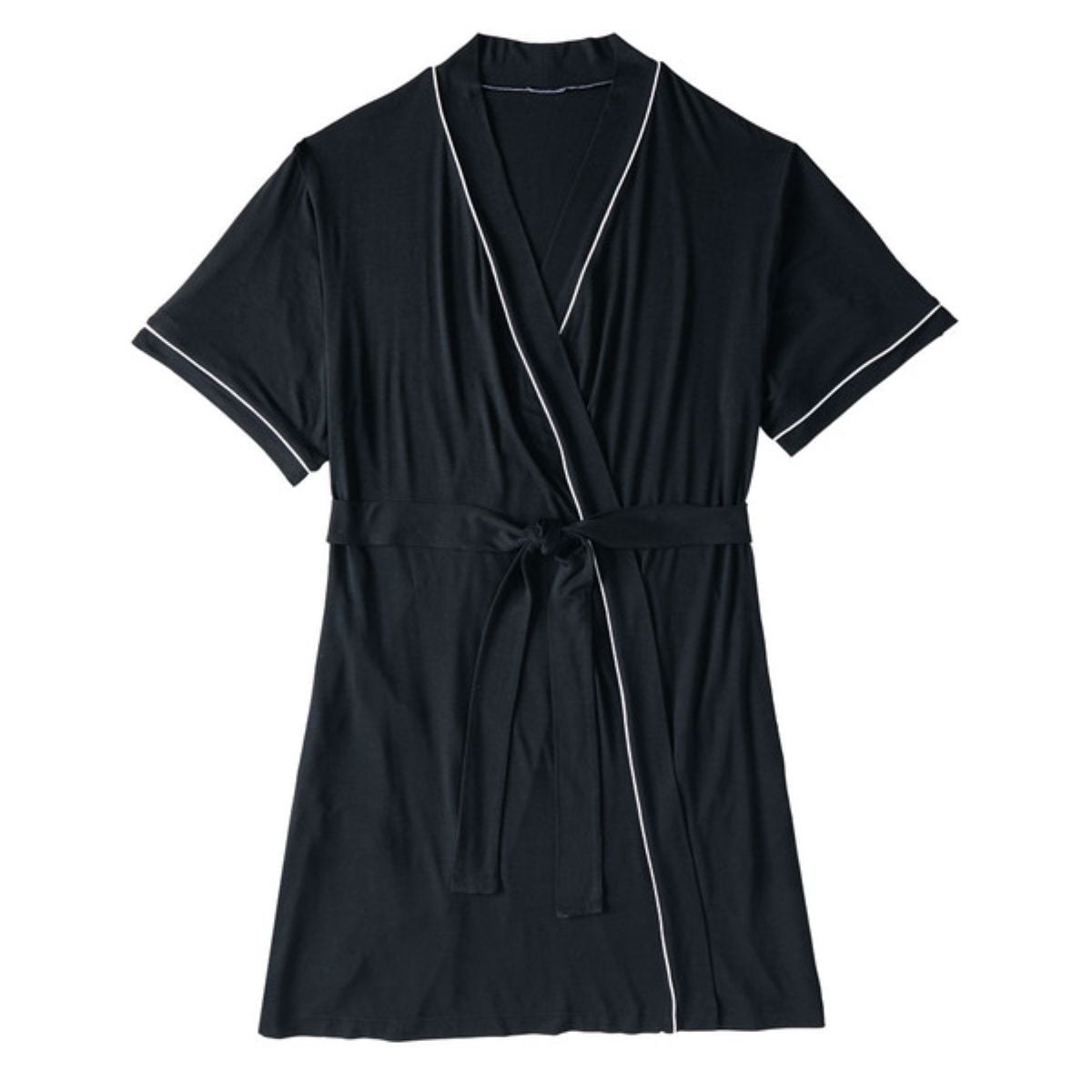 A short black robe with short sleeves, a tie belt at the waist, and white piping along the edges and sleeve cuffs, displayed on a white background.