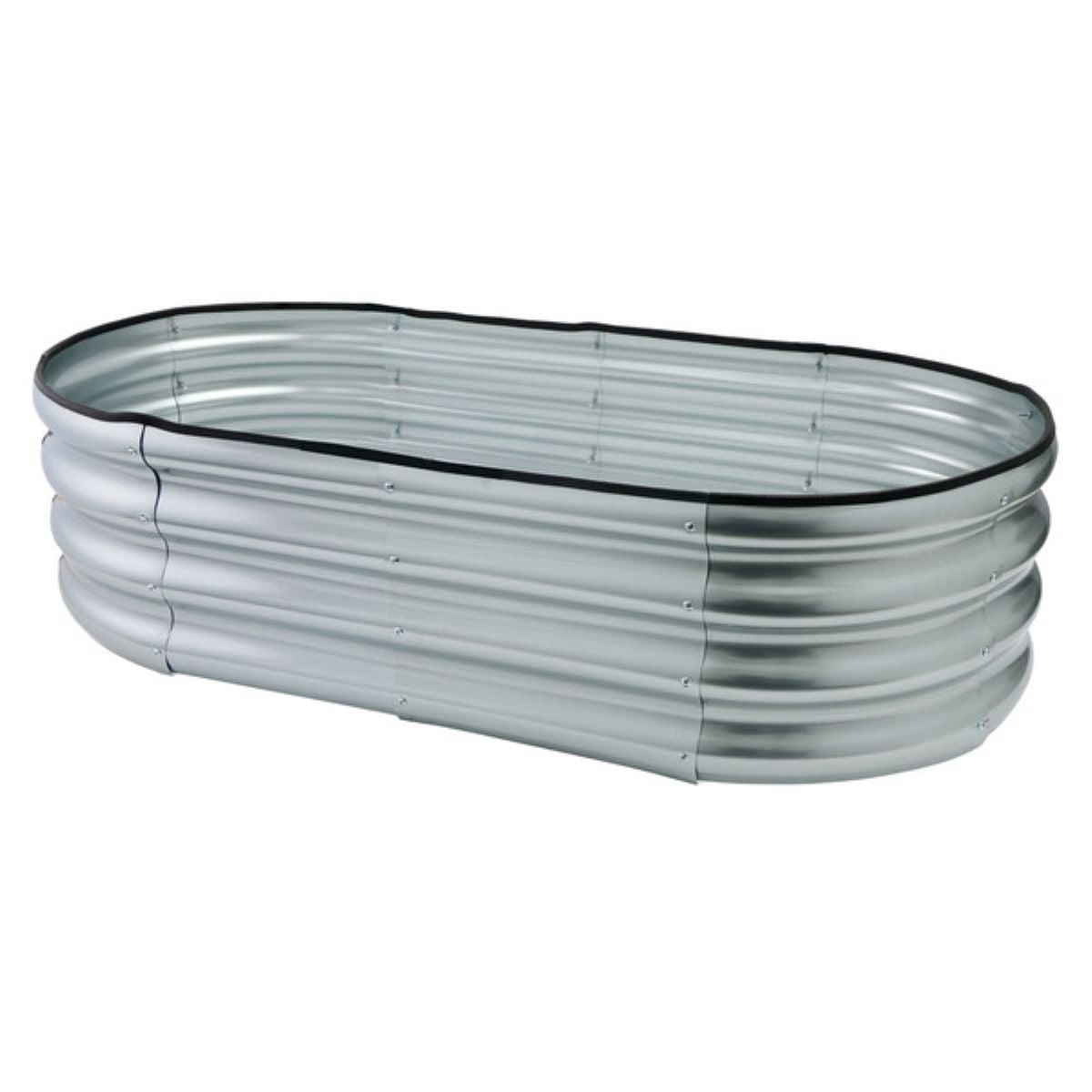 Oval-shaped, corrugated metal raised garden bed with a silver finish and black trim along the top edge, standing empty on a white background.