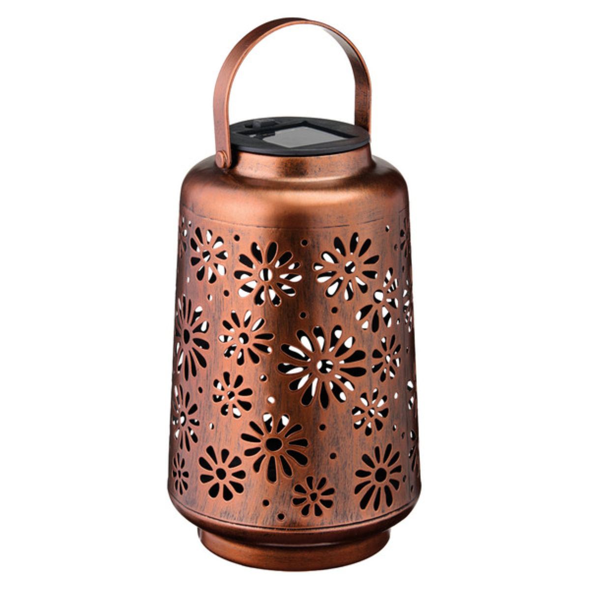 A decorative lantern with a copper finish, featuring a floral cutout pattern and a handle on top, likely designed for holding a candle or solar light.