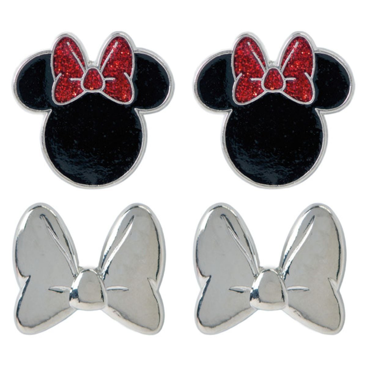 Four stud earrings: two shaped like Minnie Mouse heads with red glitter bows, and two shaped like plain silver bows without any additional color or details.