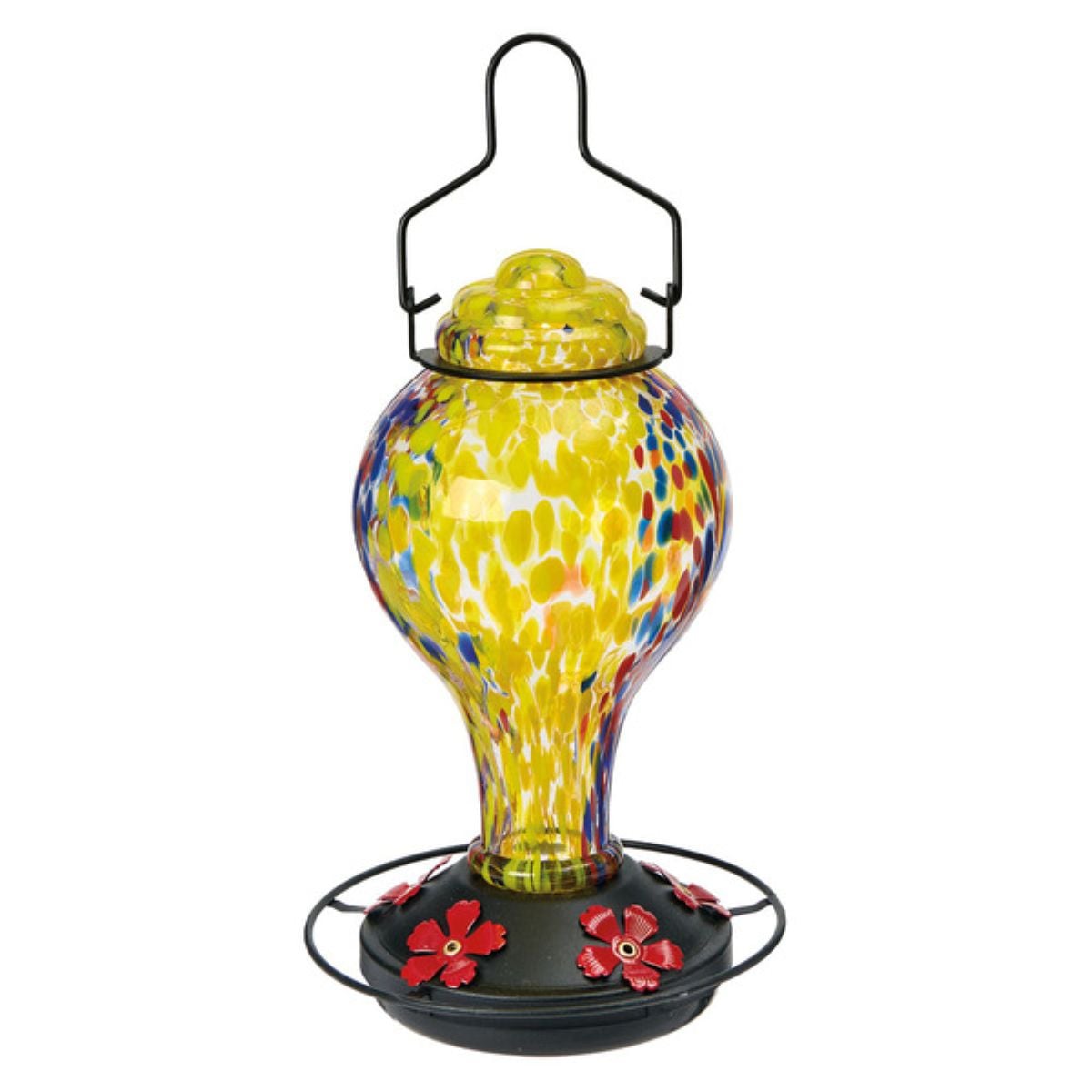 A colorful glass hummingbird feeder with a speckled yellow, blue, and red design, a black metal hanger, and red flower-shaped feeding ports at the base.