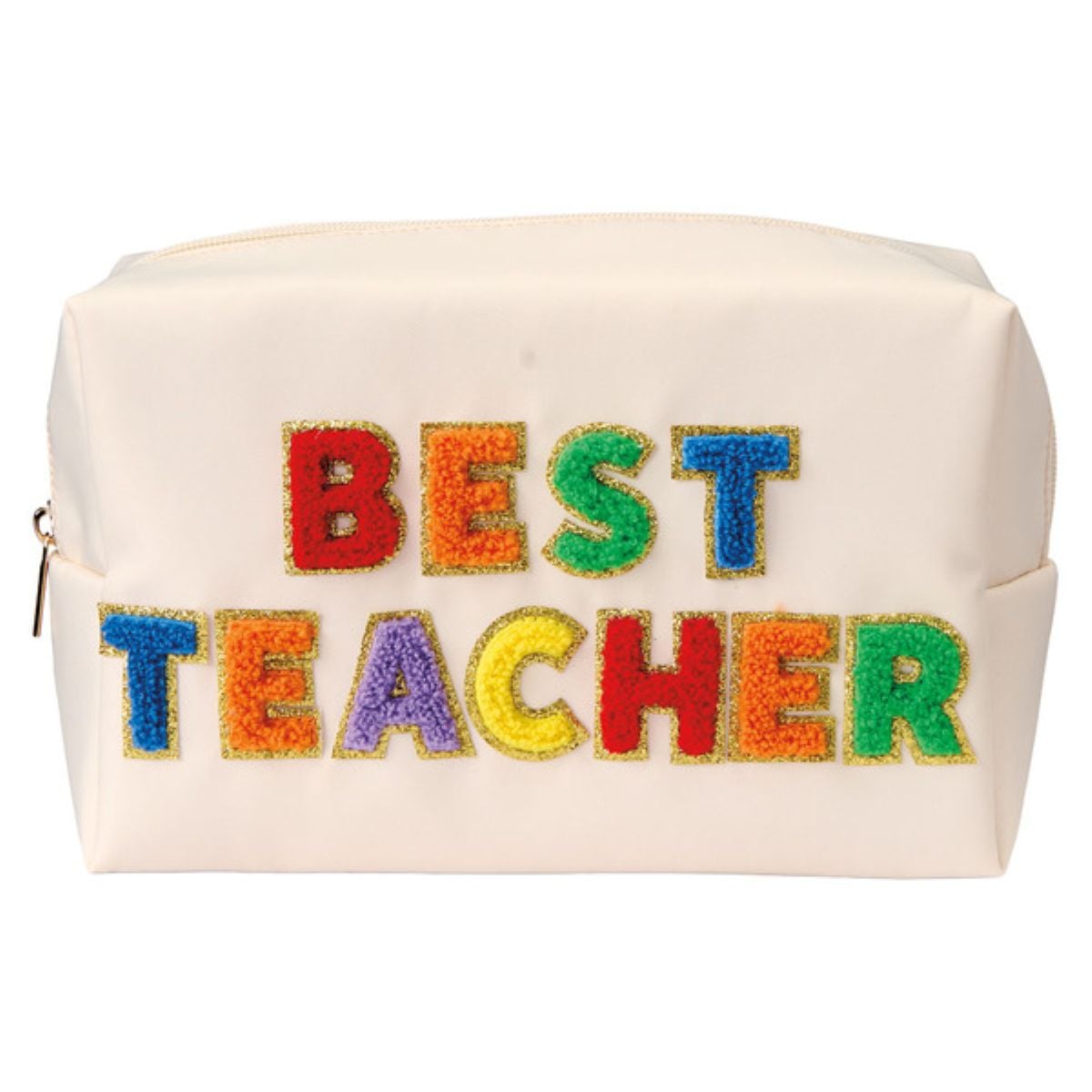 A cream-colored zipper pouch with the words "BEST TEACHER" in large, colorful, textured letters on the front.