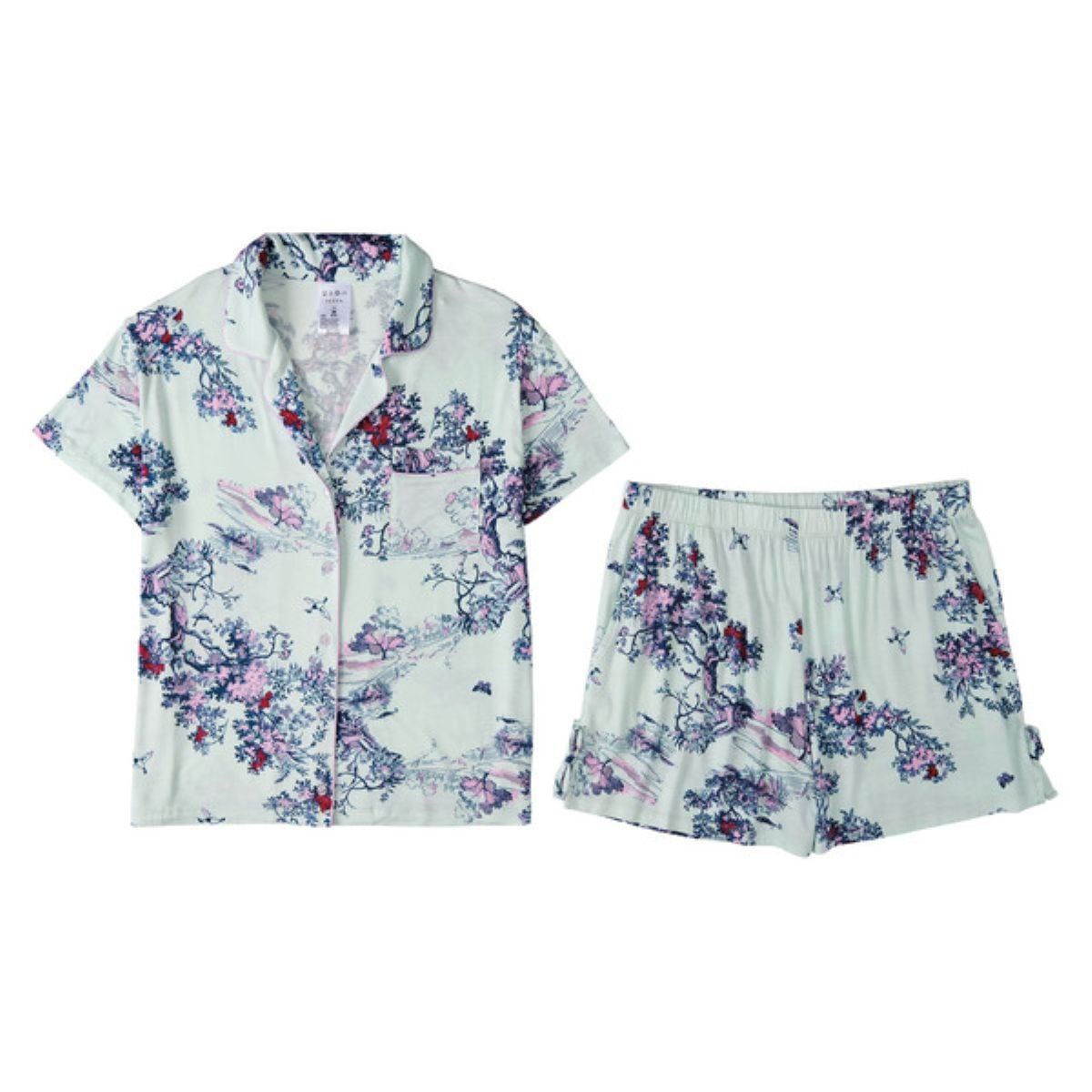 Light blue short-sleeve pajama set with a collared button-up shirt and matching shorts, featuring a purple and pink floral pattern.