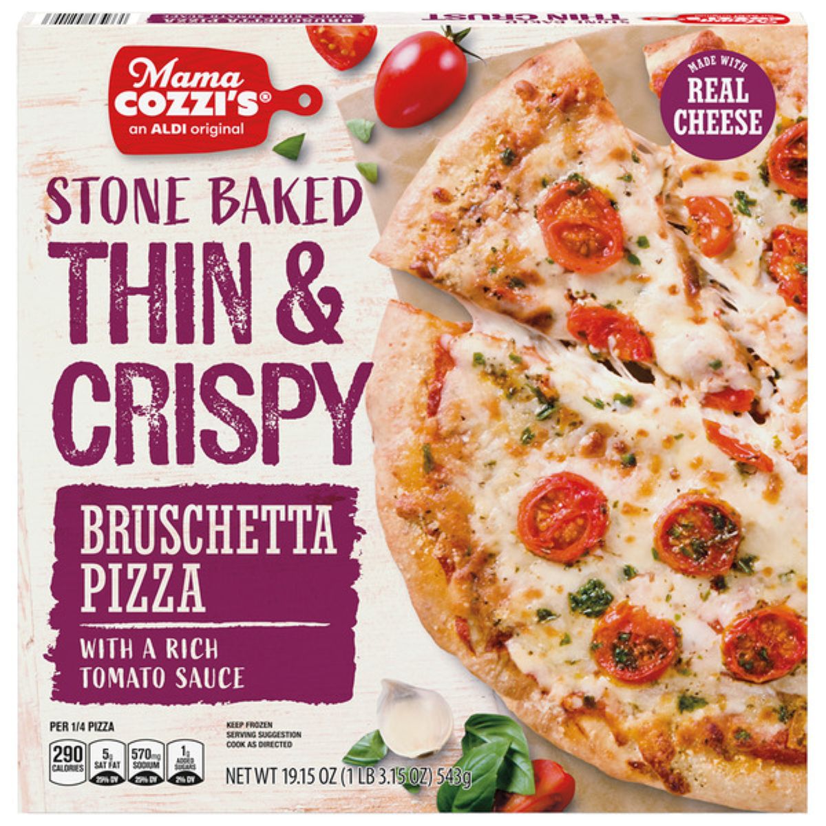 Mama Cozzi’s Bruschetta Pizza box featuring a thin and crispy stone baked pizza topped with tomatoes, cheese, and herbs. Packaging highlights “Made with Real Cheese” and nutritional info at the bottom.