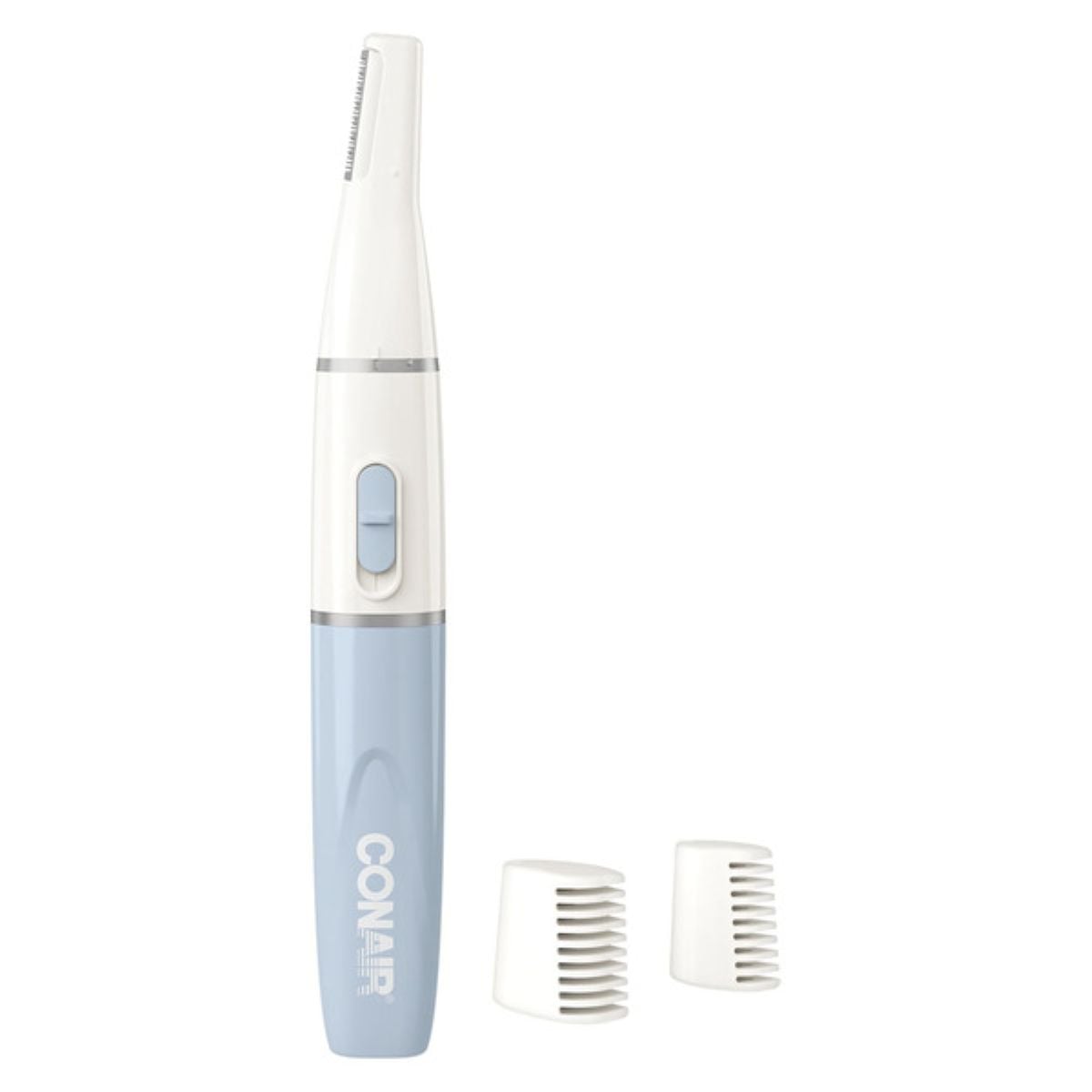 A light blue and white Conair electric trimmer with two small attachment combs placed beside it, on a white background.