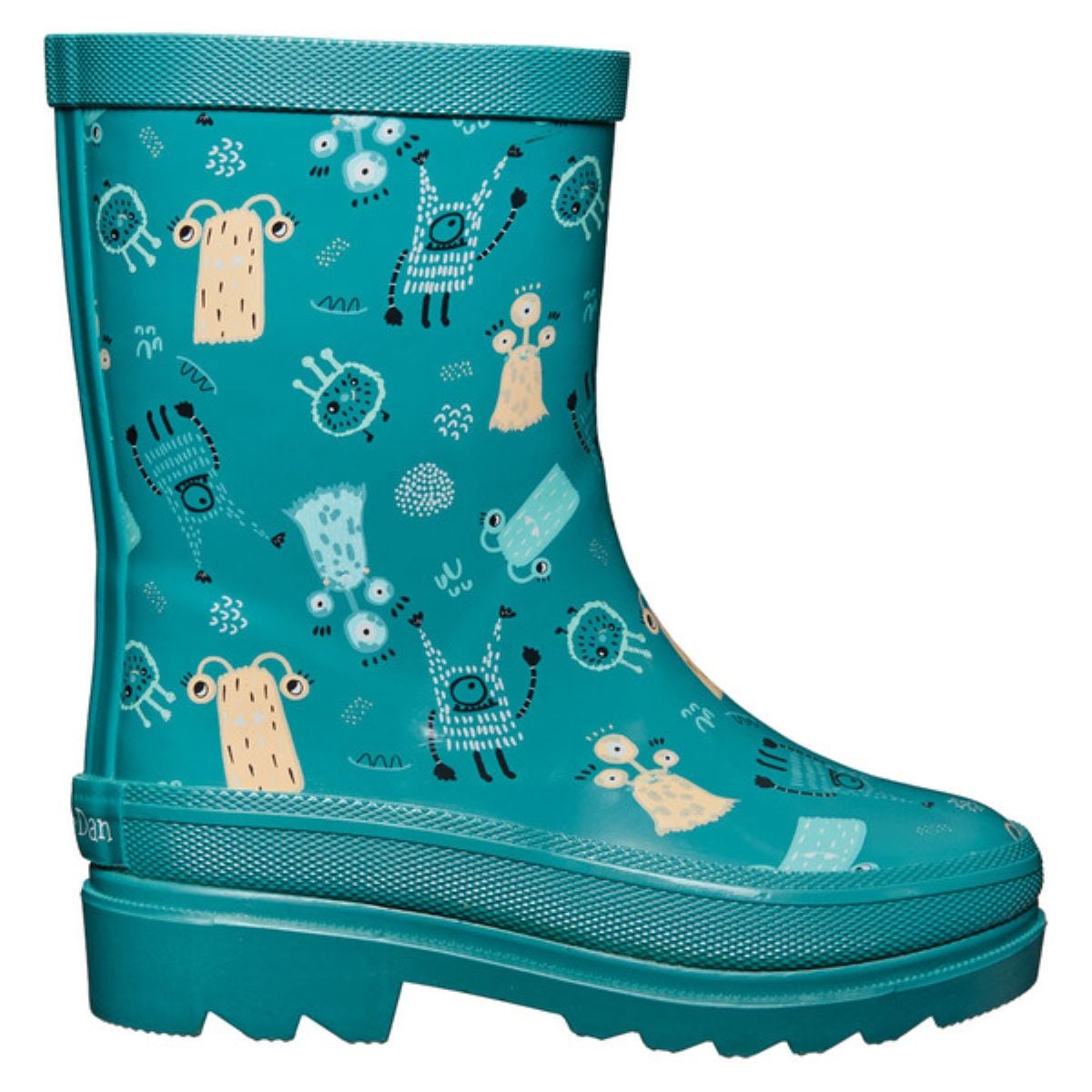 Bright teal children’s rain boot decorated with playful cartoon monsters in blue, yellow, and beige. The boot has a chunky sole and fun, whimsical monster designs all over.
