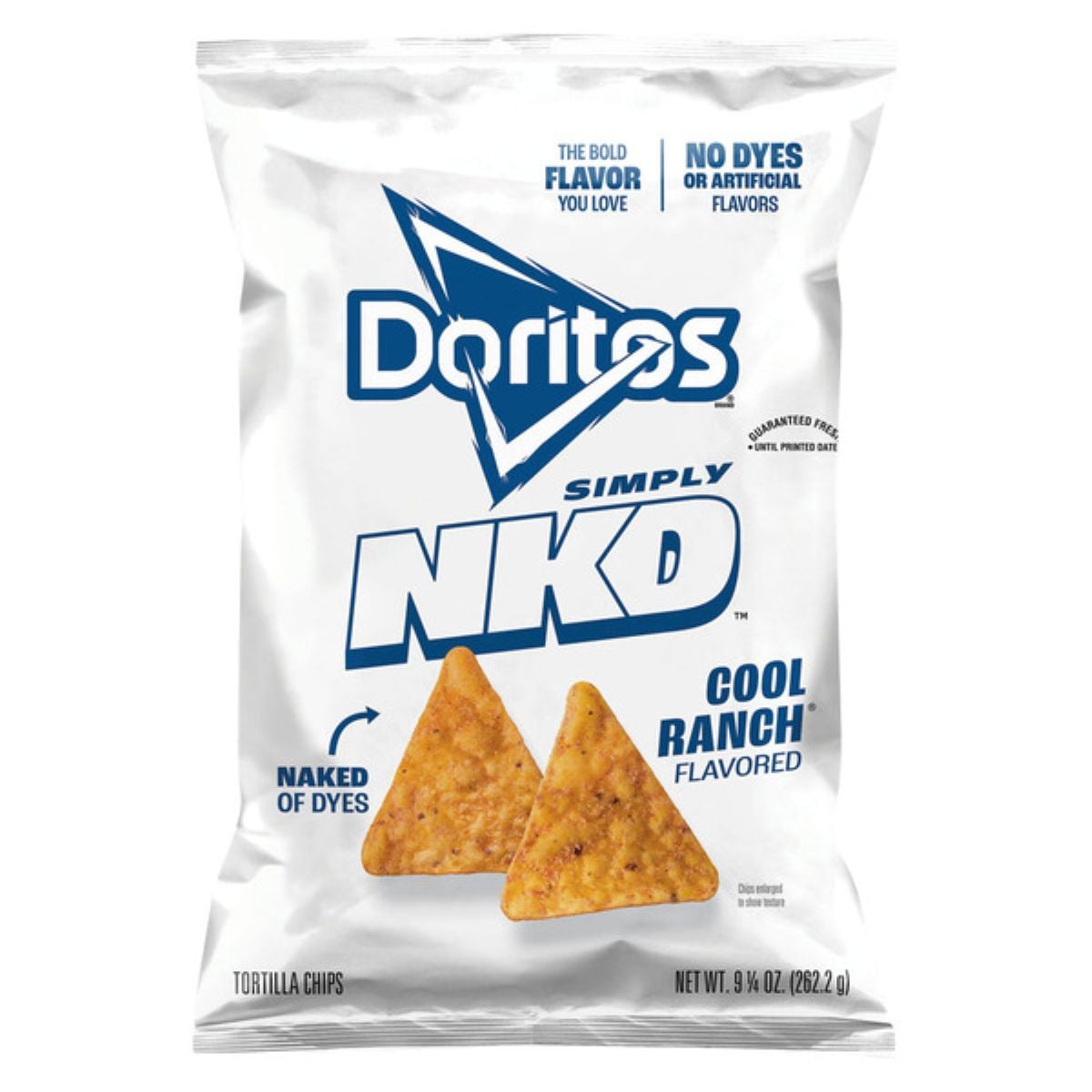 A white bag of Doritos Simply NKD Cool Ranch Flavored tortilla chips is shown. The packaging highlights “Naked of Dyes” and “No Dyes or Artificial Flavors.” Two triangular chips are pictured on the front.