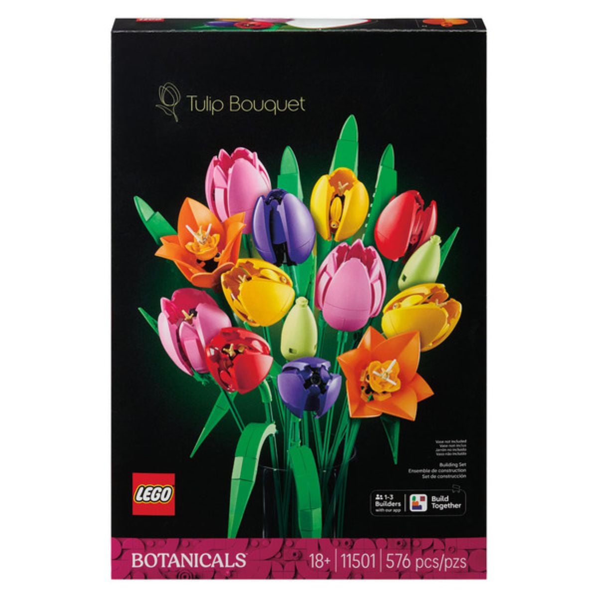 LEGO Tulip Bouquet set box showing colorful LEGO tulips in red, yellow, purple, and pink. The set is part of the Botanicals collection, contains 576 pieces, and is recommended for ages 18 and up.