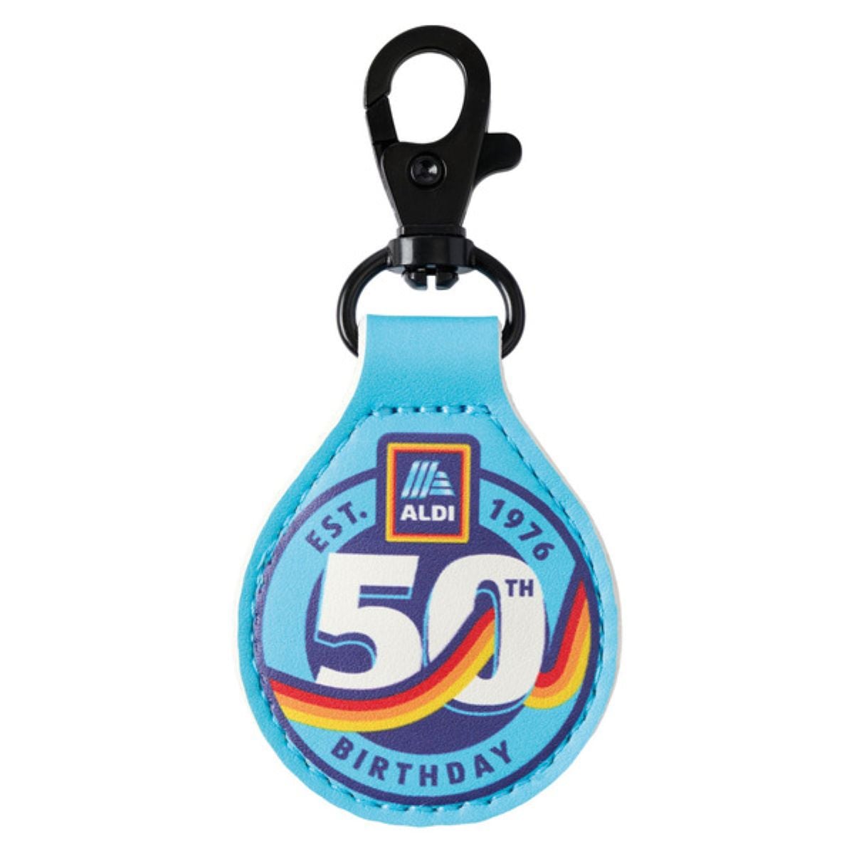 A blue keychain with a clasp, featuring the ALDI logo and text that reads "EST. 1976 50th BIRTHDAY" with rainbow-colored stripes underneath.