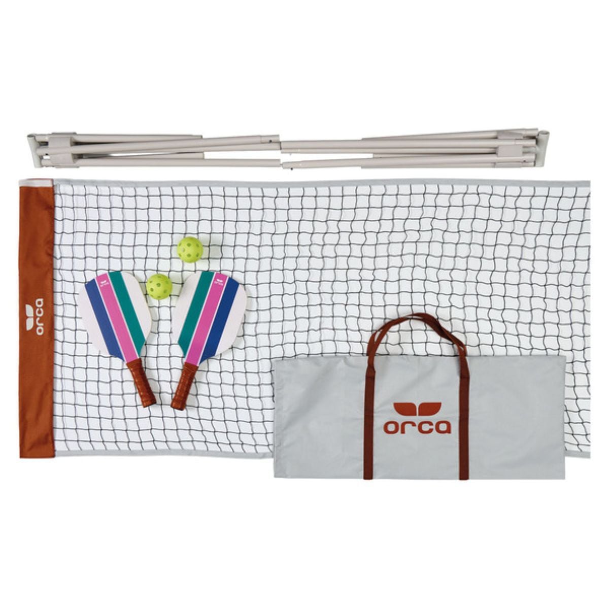 Pickleball set including a foldable net, two striped paddles, two yellow pickleballs, and a gray carrying bag with brown handles and the "Orca" logo. All items are laid out on a white background.