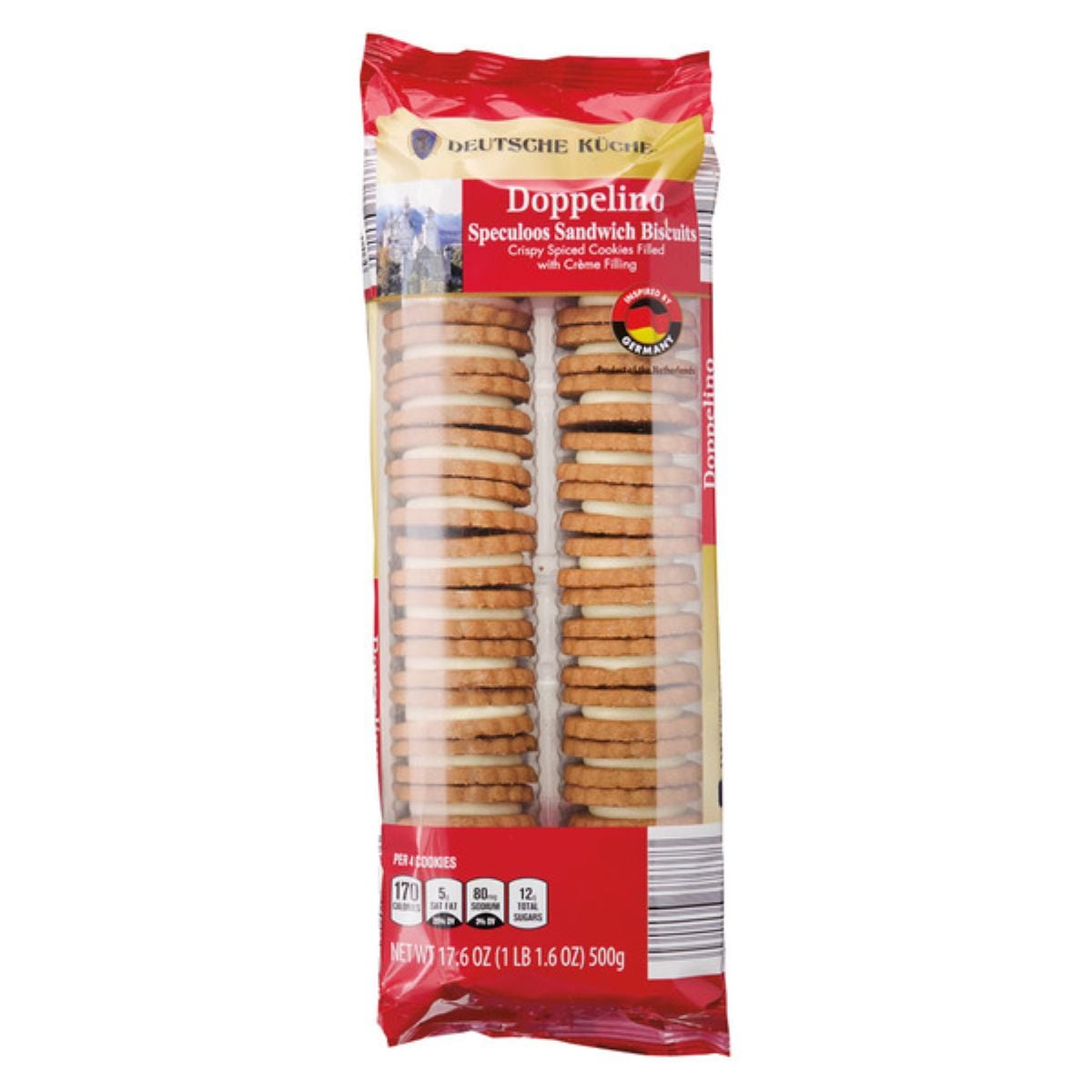 A package of Deutsche Küche Doppelino Speculoos Sandwich Biscuits is shown. The clear packaging reveals rows of round, cream-filled cookies stacked vertically. The label is red and white with product details and nutrition facts.