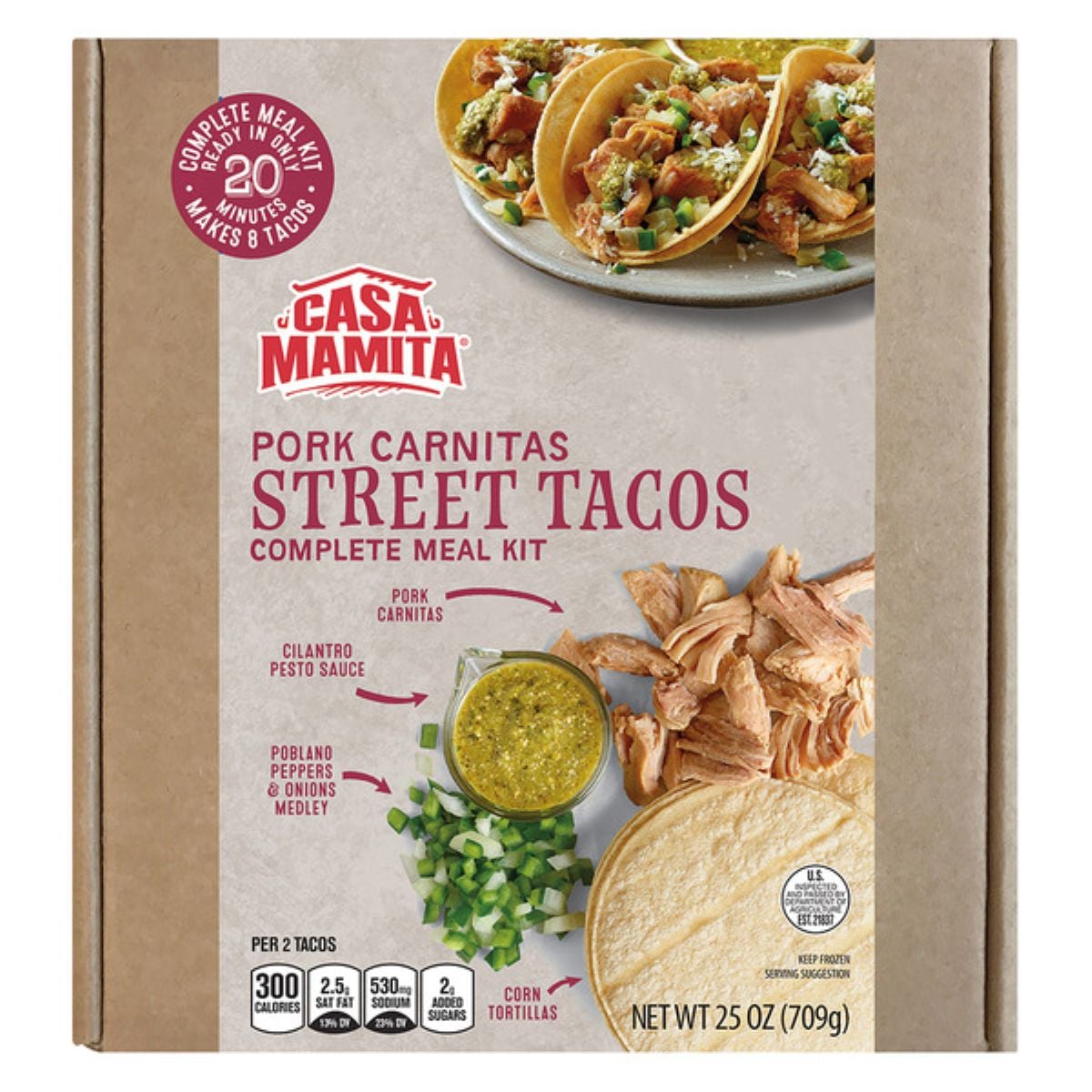 Casa Mamita Pork Carnitas Street Tacos Complete Meal Kit box, showing tacos with pork, green sauce, diced peppers, and tortillas. Text highlights ingredients, nutrition facts, and “Complete Meal Kit” label.