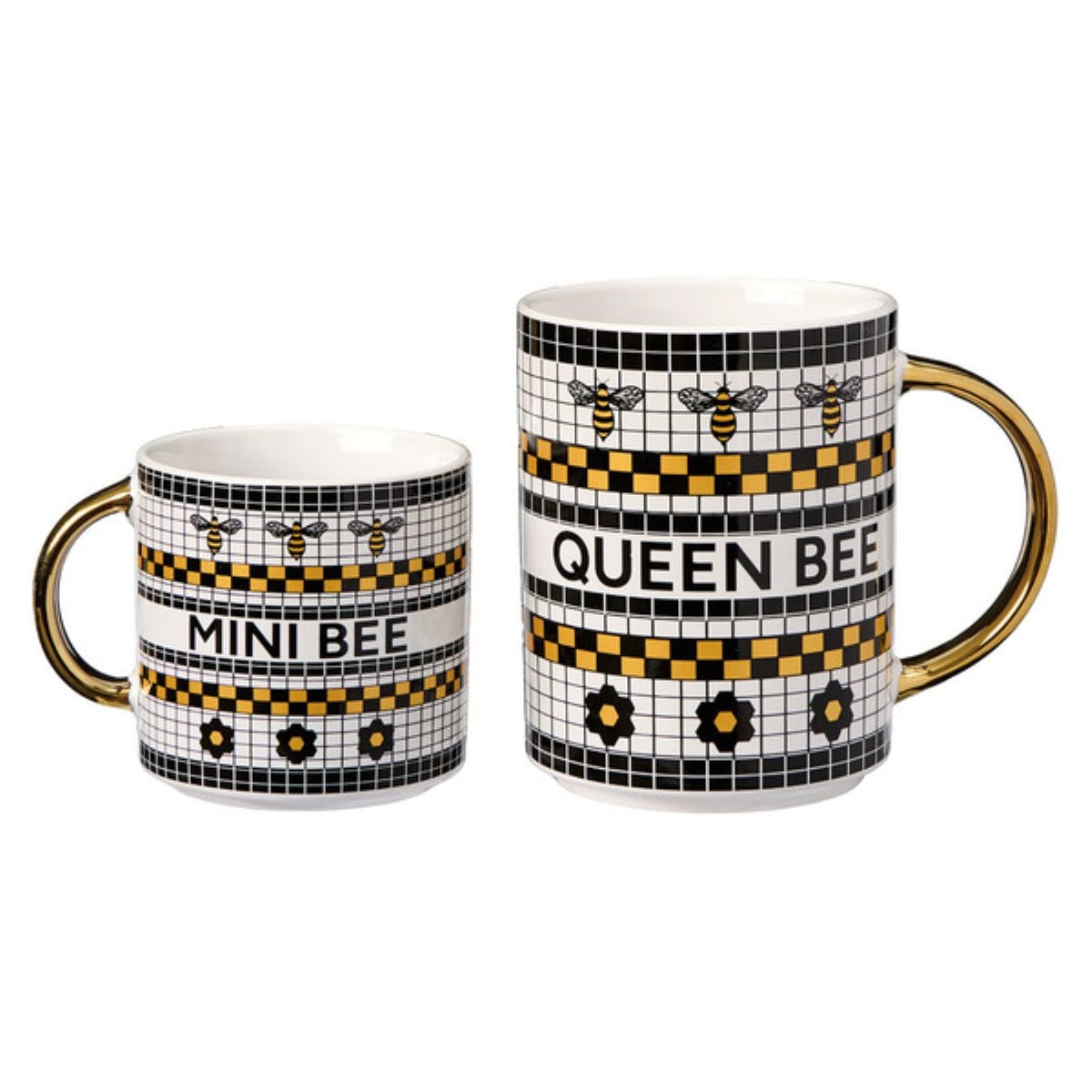 Two mugs with gold handles, decorated in a black, white, and yellow mosaic bee pattern. The smaller mug reads "MINI BEE" and the larger one reads "QUEEN BEE.