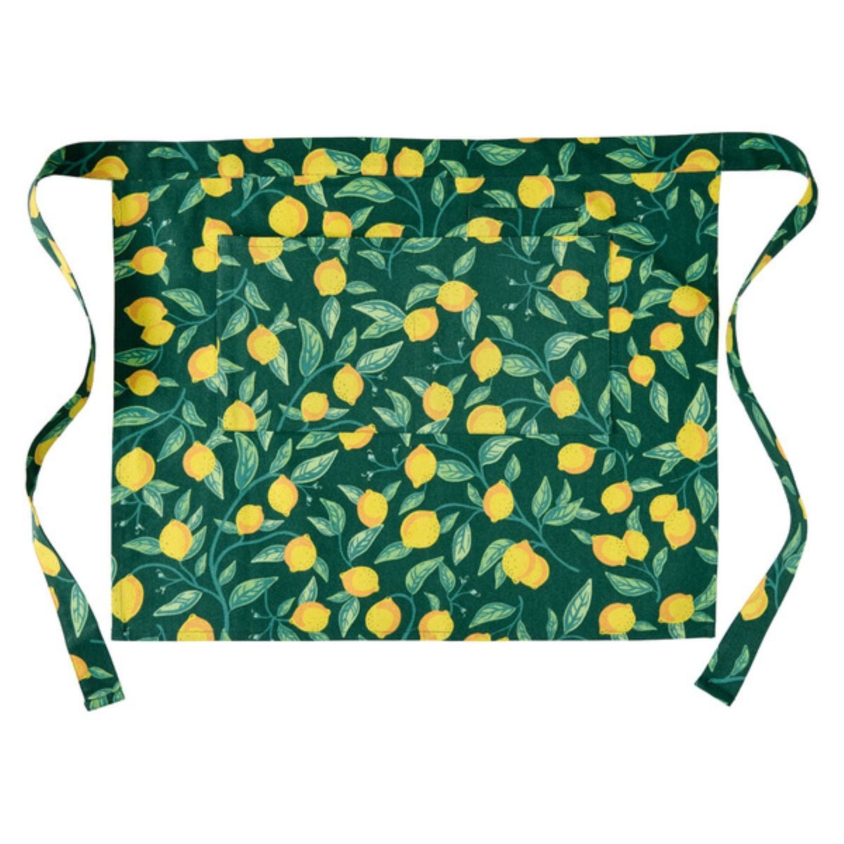 A green apron with a pattern of yellow lemons and green leaves, featuring a front pocket and long waist ties.