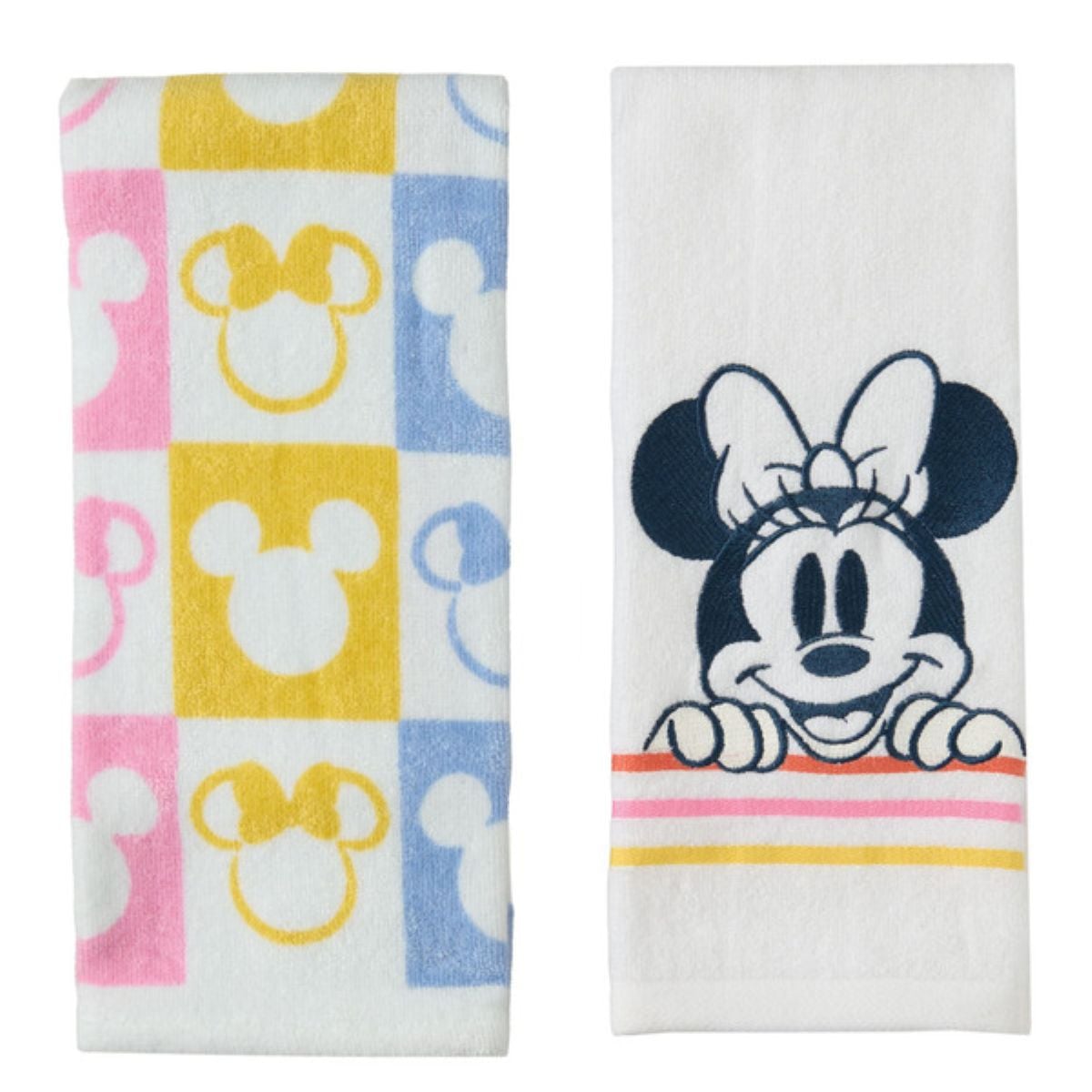 Two hand towels: one with yellow, pink, and blue squares featuring a Mickey Mouse head outline, and another with Minnie Mouse smiling above pink and yellow stripes on a white background.