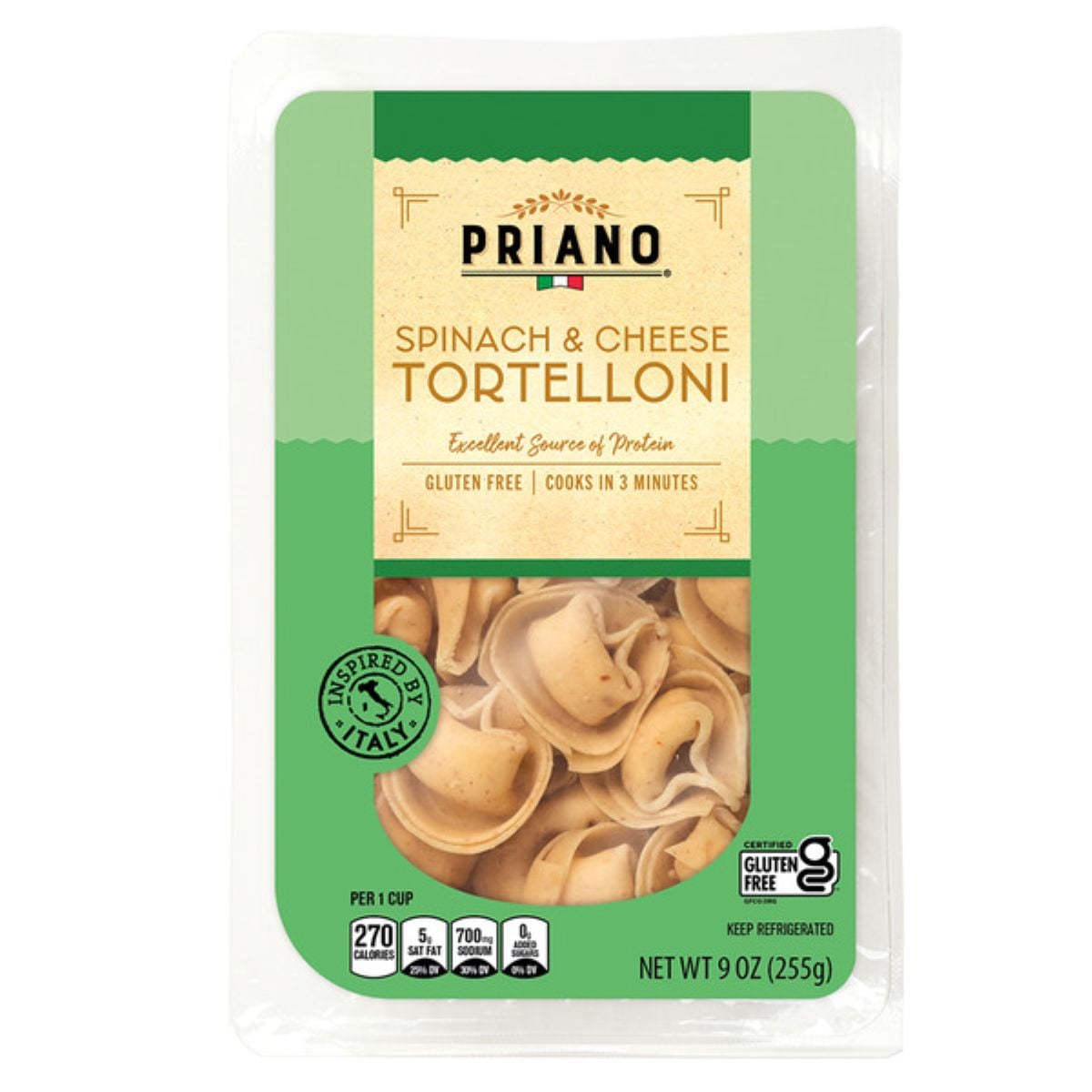 A package of Priano Spinach & Cheese Tortelloni, labeled gluten free and inspired by Italy. The clear packaging shows the pasta inside. The package weighs 9 oz (255g) and notes it cooks in 3 minutes.
