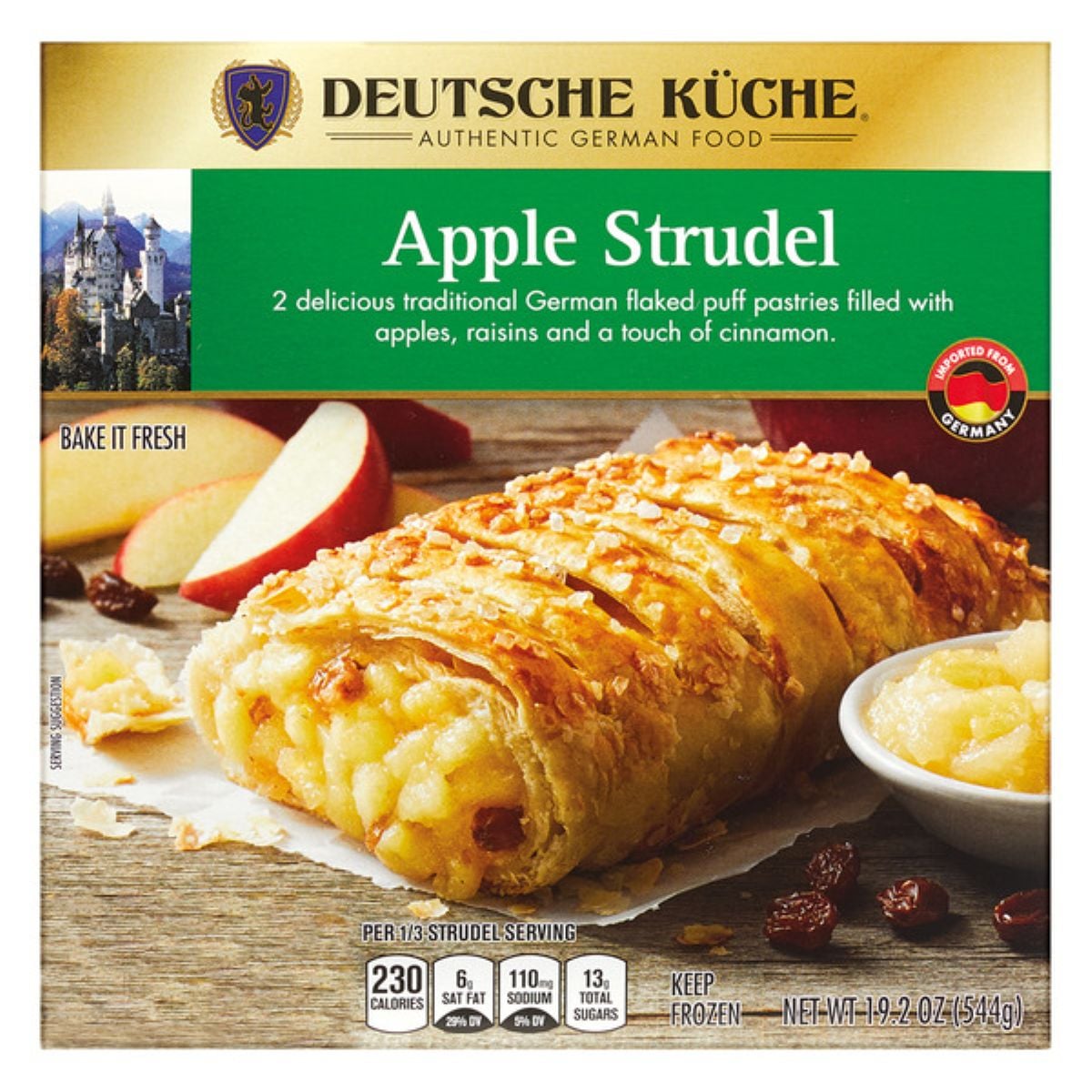 Box of Deutsche Küche Apple Strudel showing a sliced strudel with a golden, flaky crust, apple filling, and raisins. The package highlights traditional German food and displays nutrition facts at the bottom.