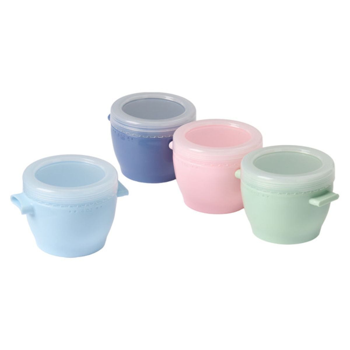Four small round containers with handles and clear lids in different pastel colors: blue, pink, green, and purple, arranged in a row on a white background.